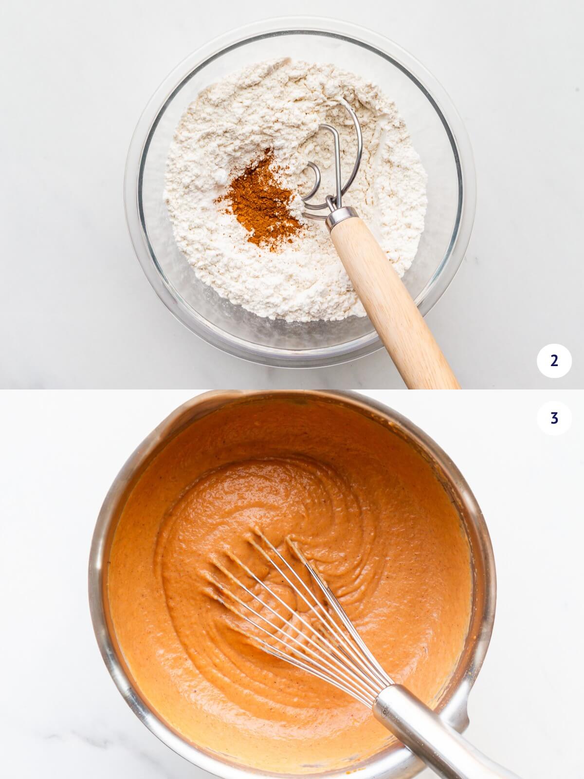 Whisking dry ingredients separate from wet ingredients to make apple cupcakes.