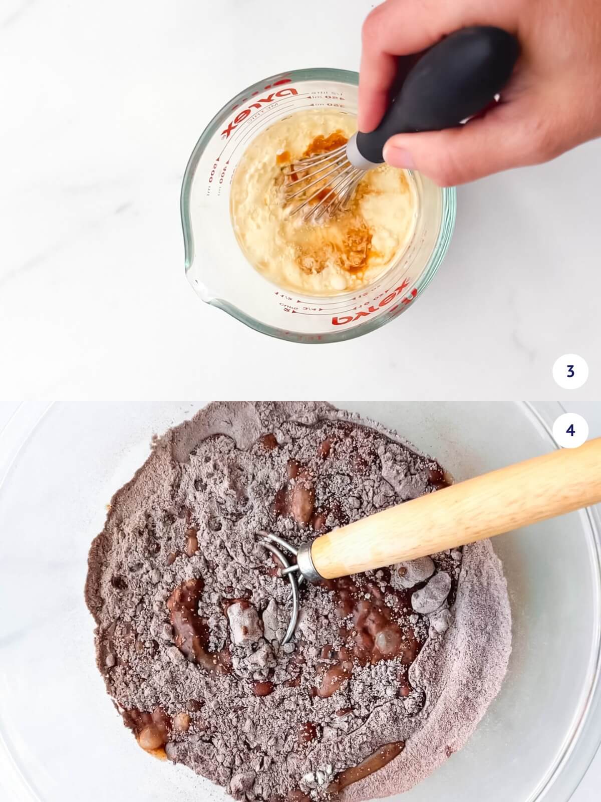 Mixing wet ingredients before stirring them into a bowl of dry ingredients to make chocolate cupcakes.