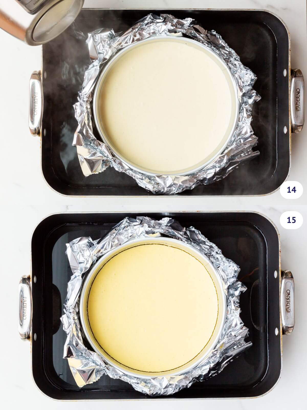 Baking a cheesecake in a hot water bath to ensure the top is perfectly flat without cracks.