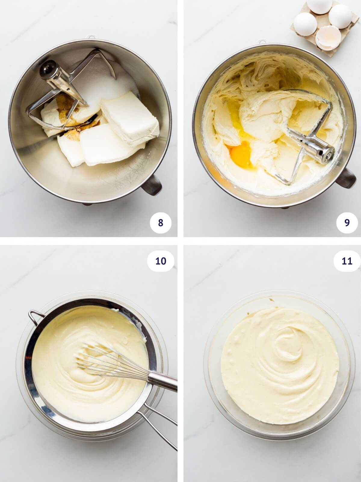 Mixing cheesecake filling in a stand mixer and straining it through a sieve to remove lumps of cream cheese so that the filling is perfectly smooth.