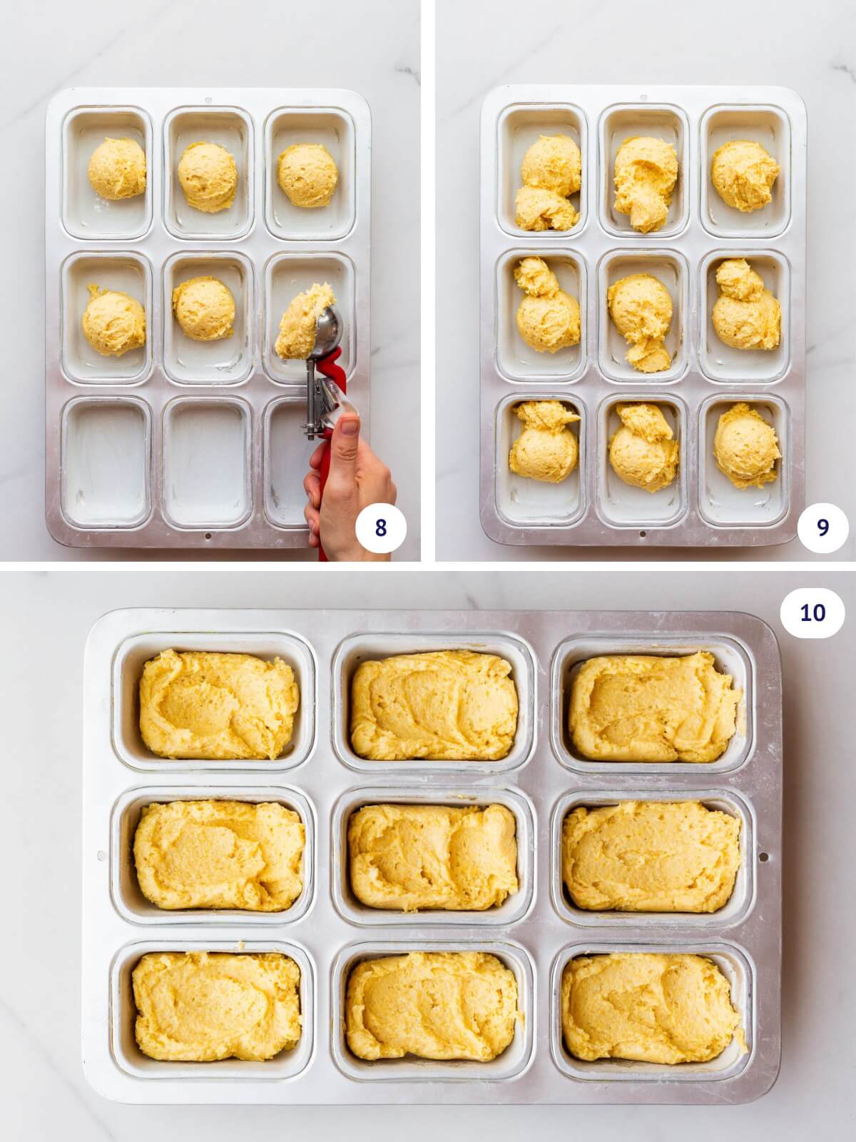 Scooping orange cornmeal cake batter into mini loaf cake pans that are greased and flour so that they are non-stick.