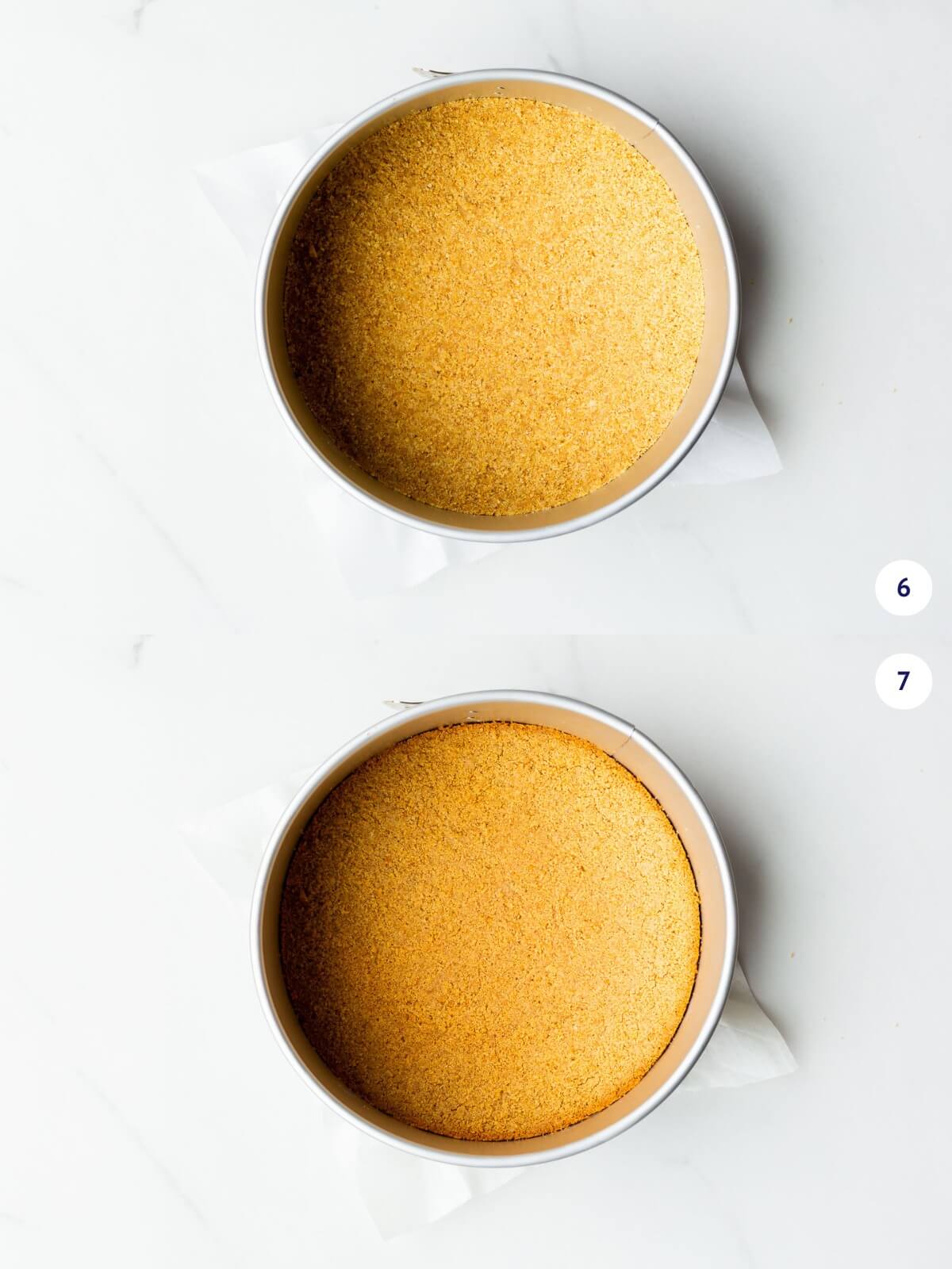 Graham cracker crumb crust before and after baking in a springform.