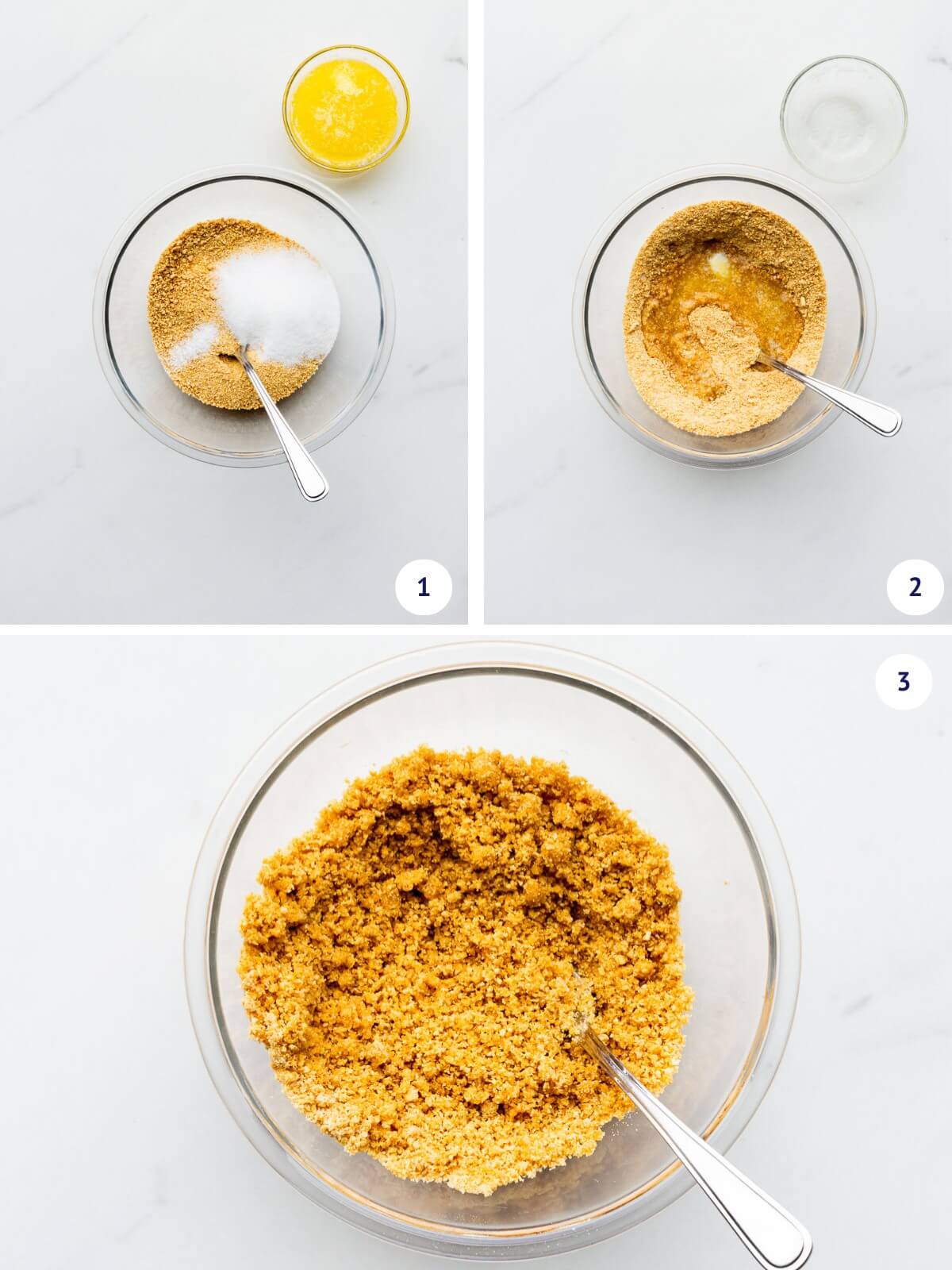 Mixing ingredients for graham cracker crumb crust together in a small bowl with a fork.
