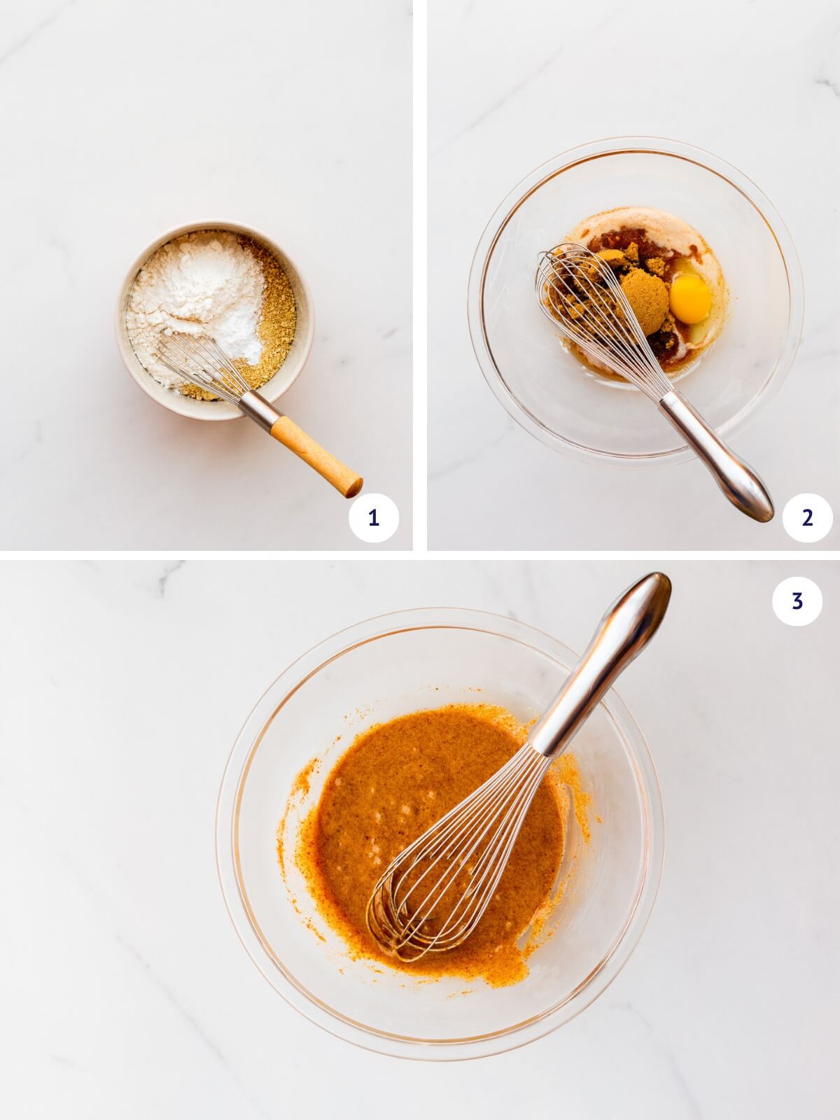 Mixing dry ingredients (with graham cracker crumbs) separately from wet ingredients to make graham cracker blondies.