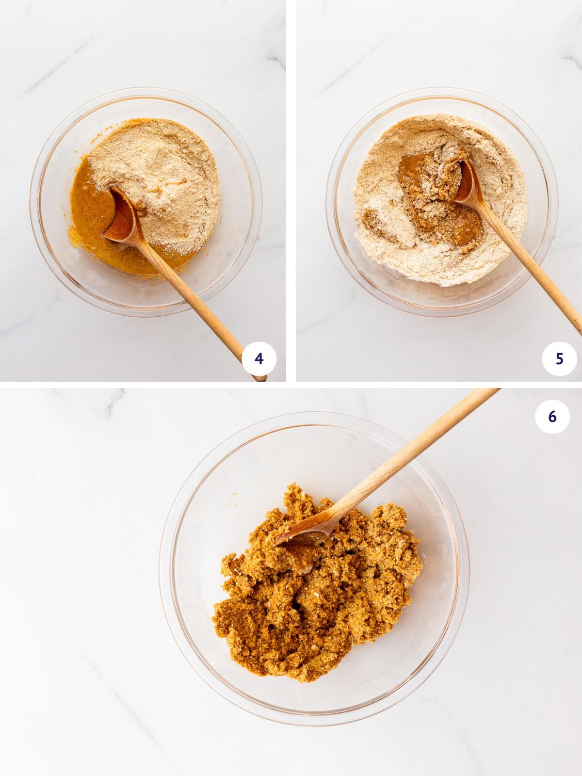 Mixing wet and dry ingredients to create the dough for graham cracker blondies.