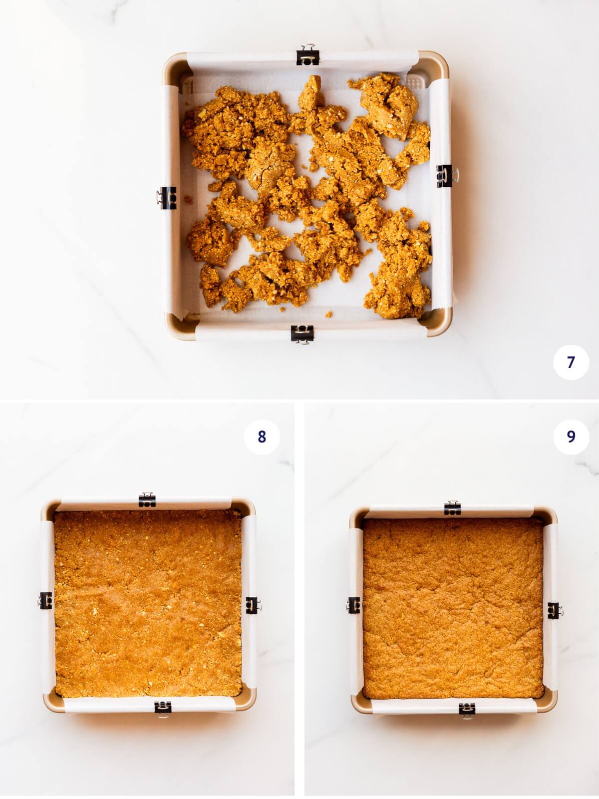 Pressing graham cracker blondie cookie dough in a square pan and baking until the edges are golden brown and set.