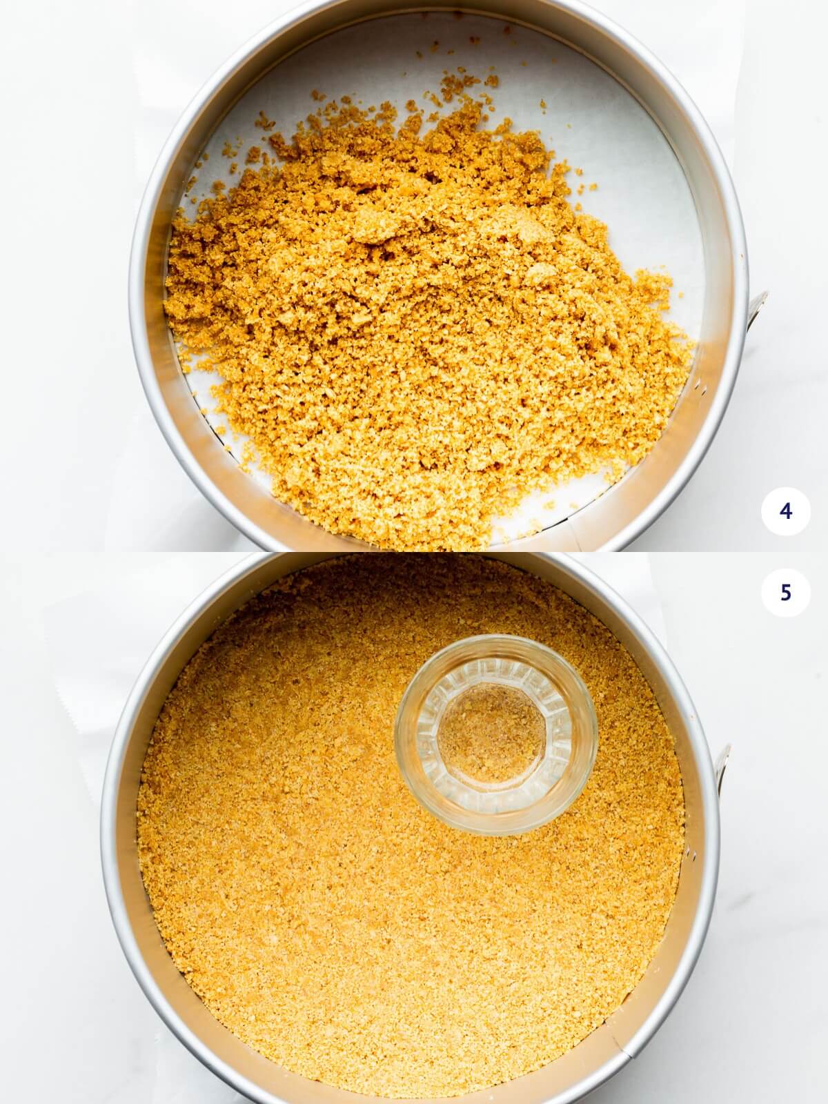 Spreading out, smoothing and compressing graham cracker crumbs in a springform pan to create a smooth, solid base for cheesecakes.