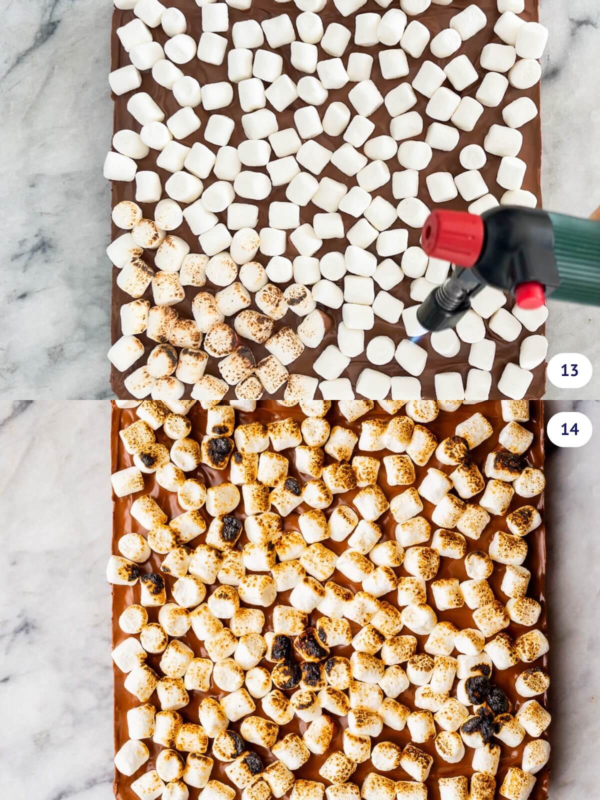 Toasting mini marshmallows with a kitchen torch to make s'mores bars indoors without a campfire.
