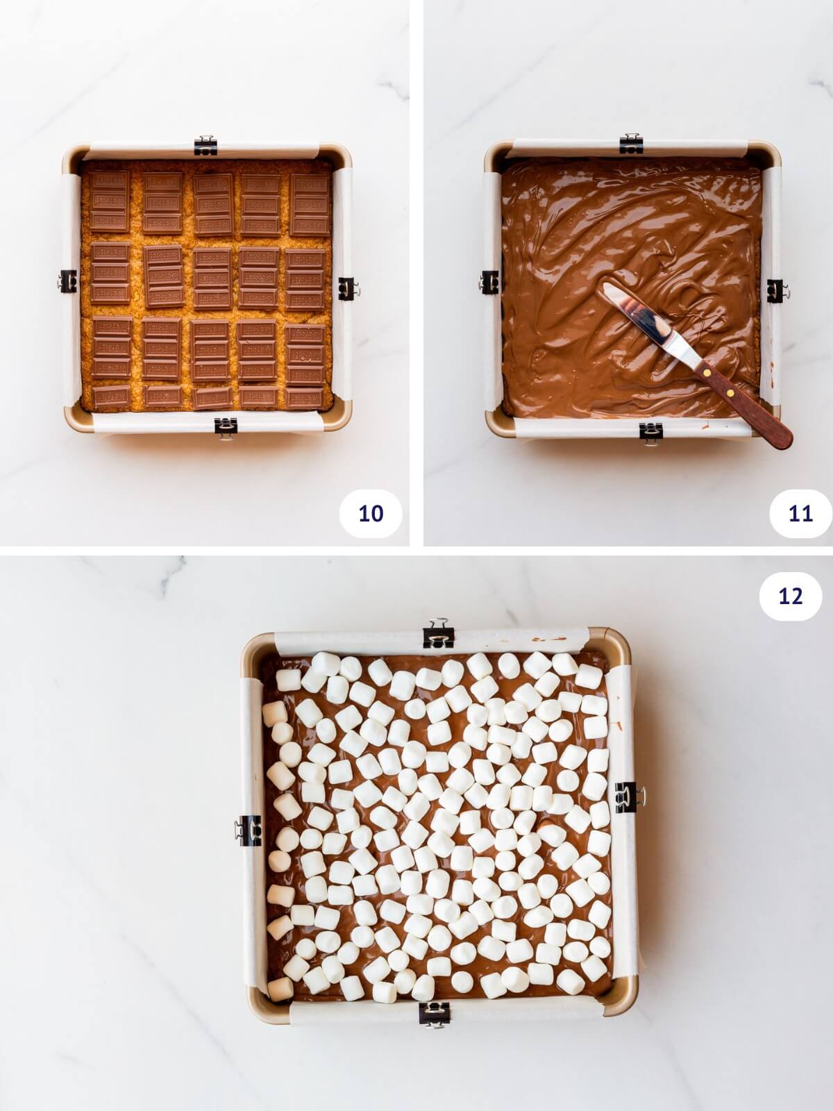 Spreading melted milk chocolate on graham cracker blondies and topping with marshmallows to make s'mores bars.