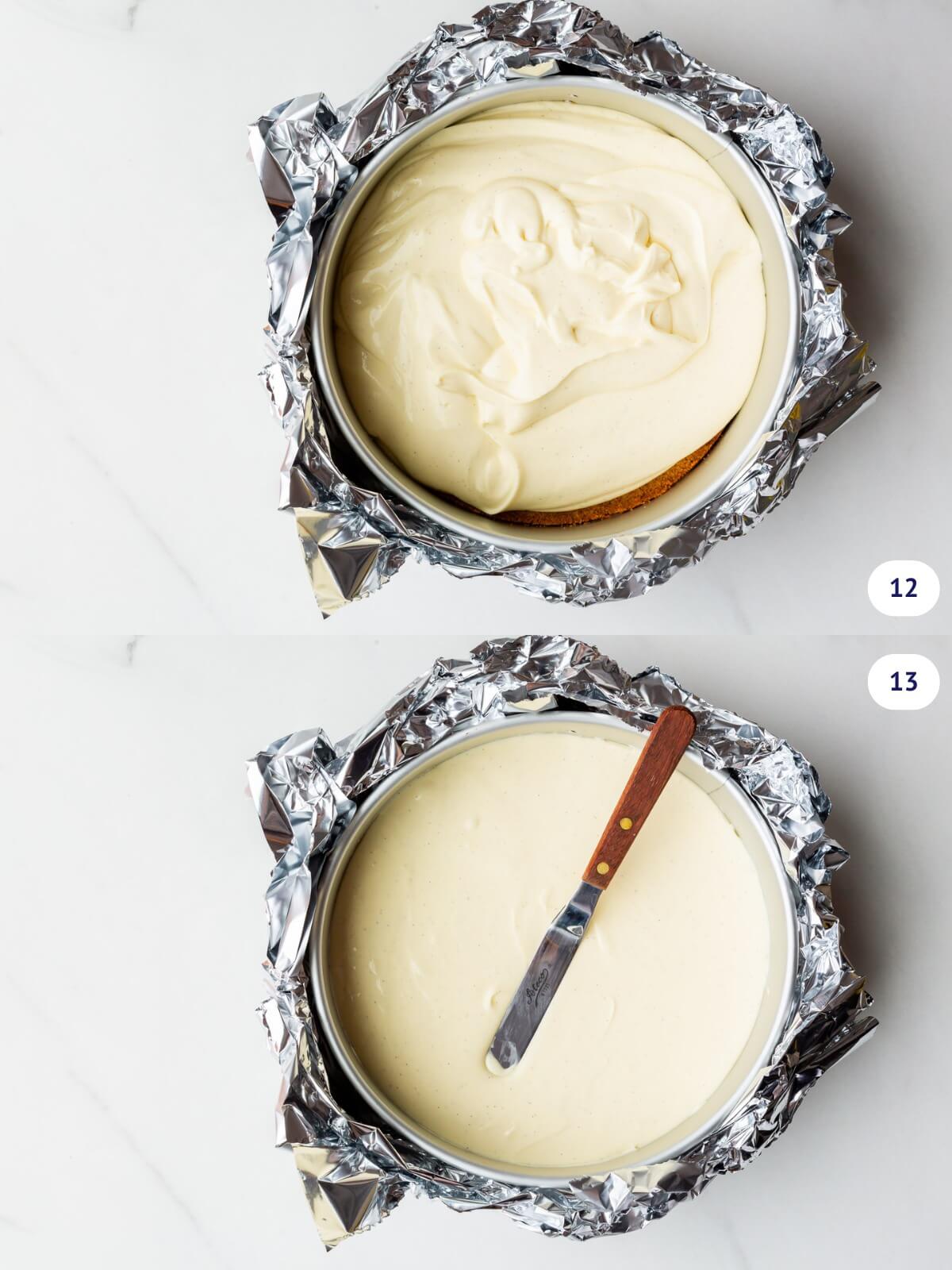Smoothing out cheesecake filling over a graham cracker crust in a springform pan lined in foil before baking it in a water bath.