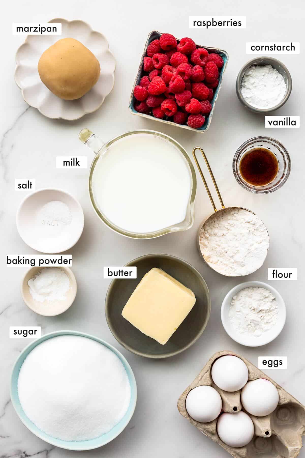 Ingredients to make a homemade framboisier cake measured out.
