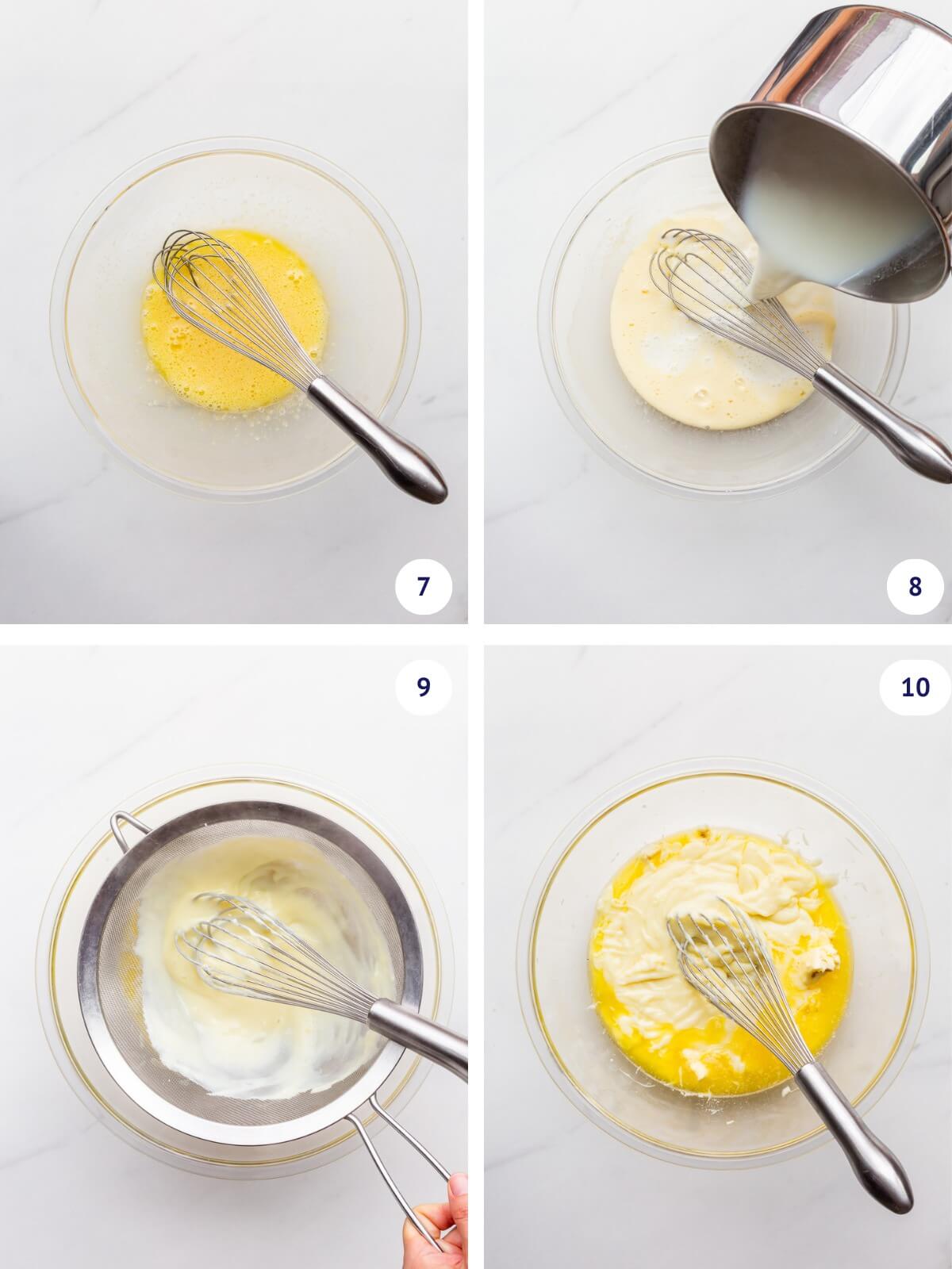 Making pastry cream by first tempering eggs with hot milk before cooking until thick, then straining while hot and mixing with butter and vanilla for mousseline filling of fraisier cake with raspberries.