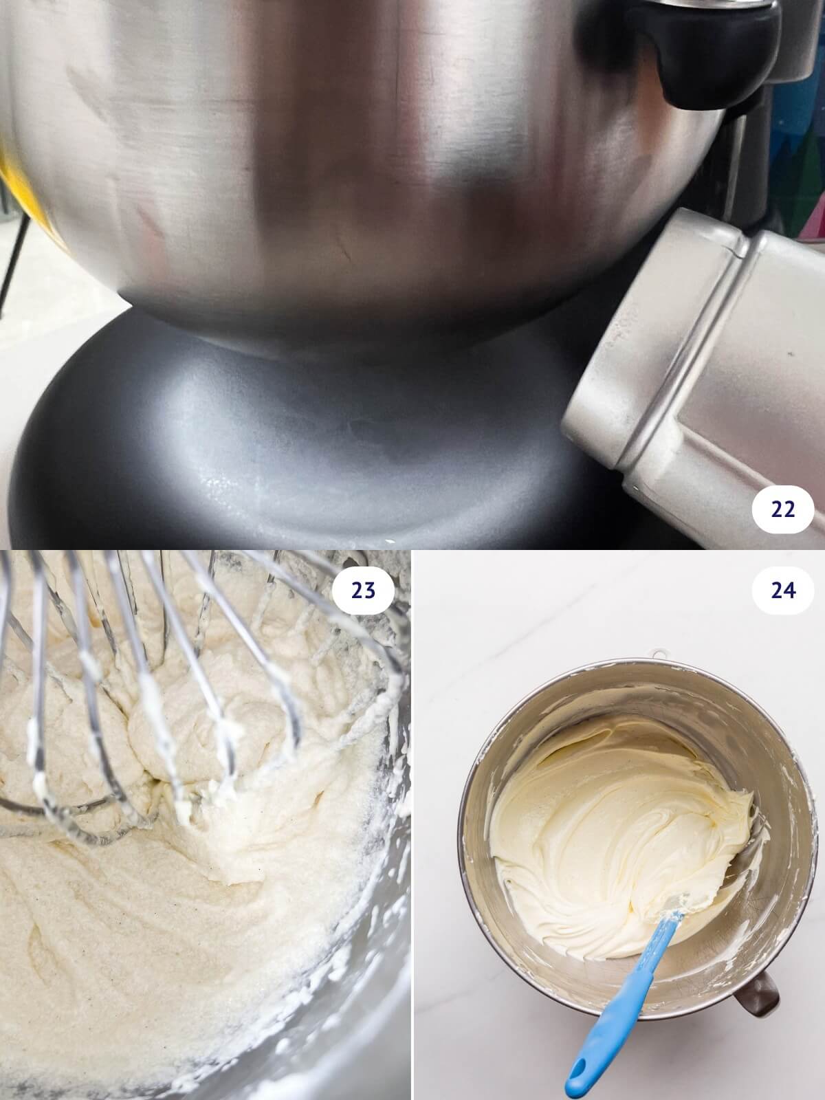 Heating the outside of a mixer bowl of mousseline cream to melt a portion of the filling to improve texture and emulsion, creating a light, fluffy, smooth cake filling.