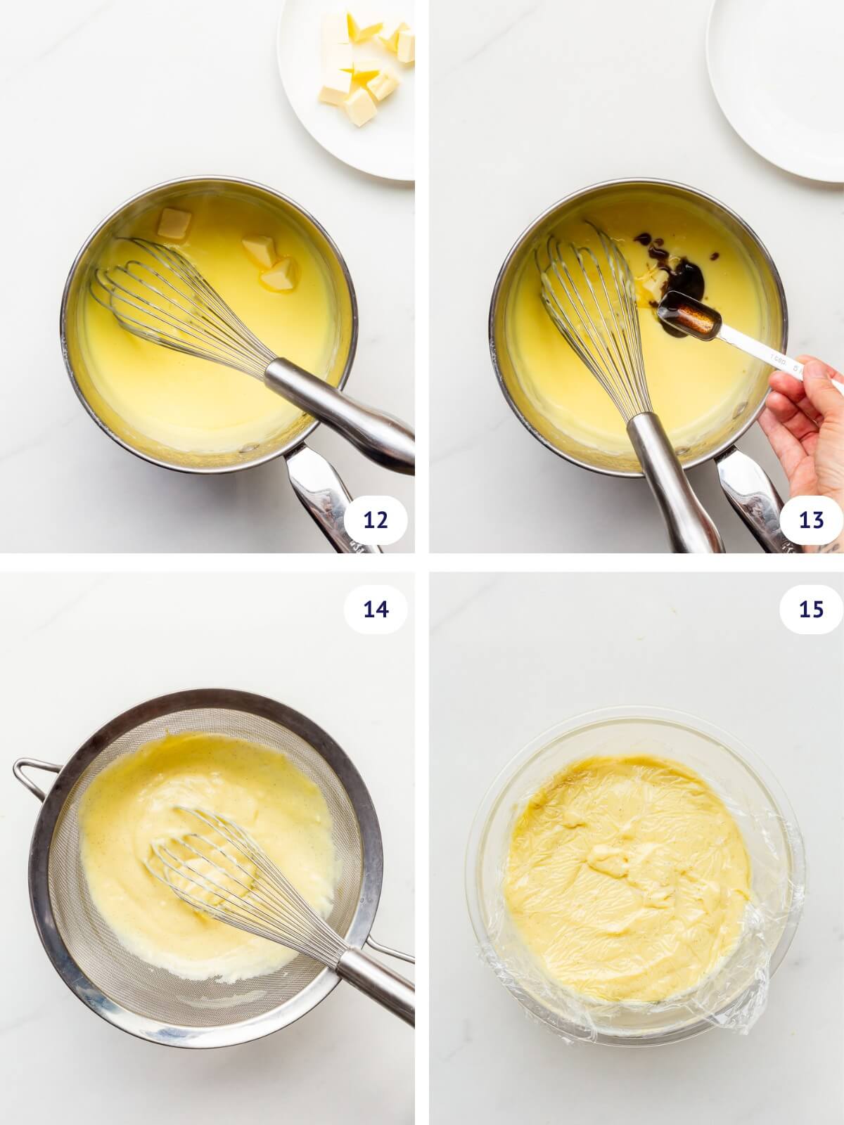 Making a thick pastry cream to use as a tart filling for a fruit tart.