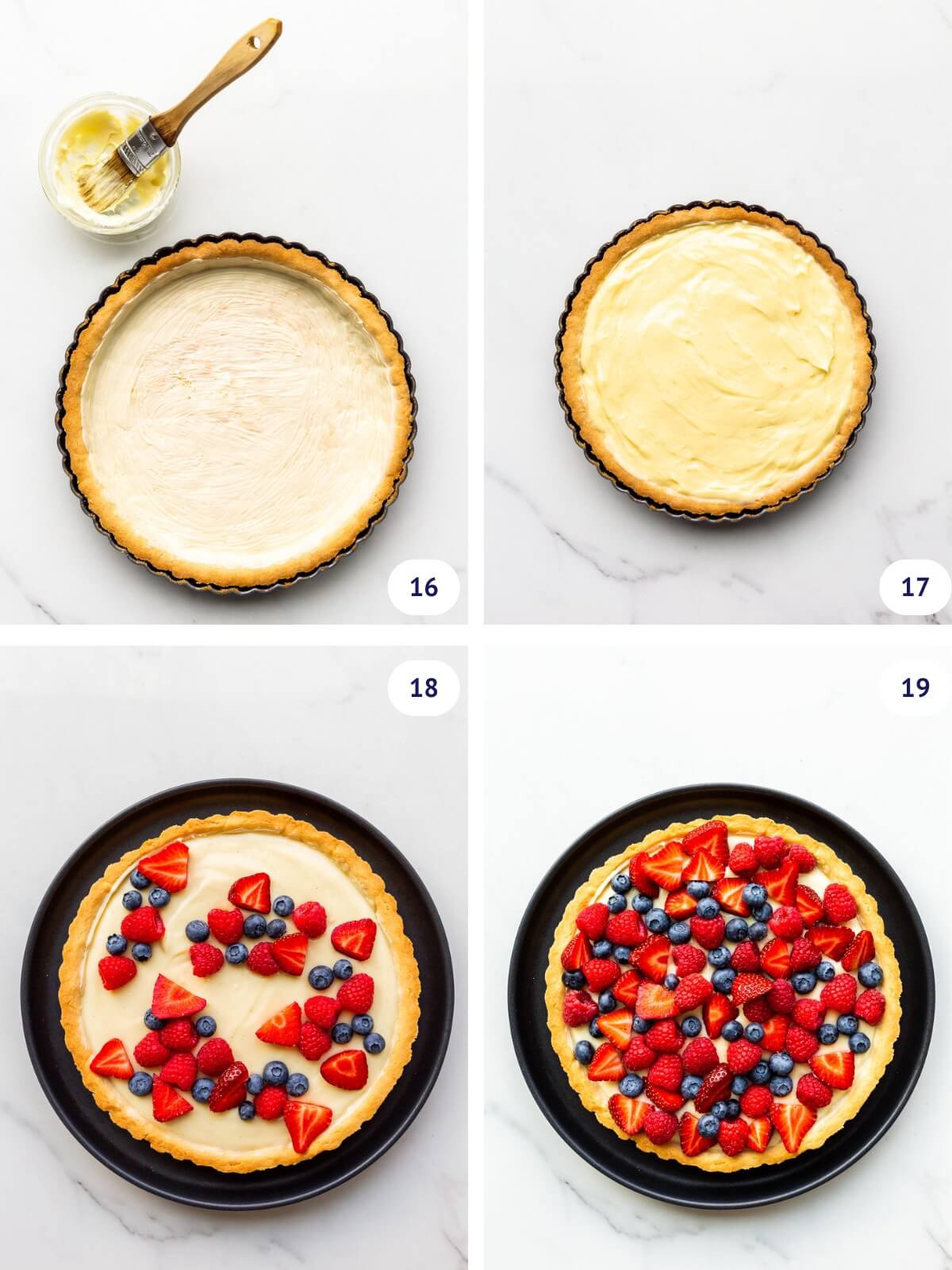 Assembling a custard tart with a sweet tart crust, thick pastry cream and fresh. berries.