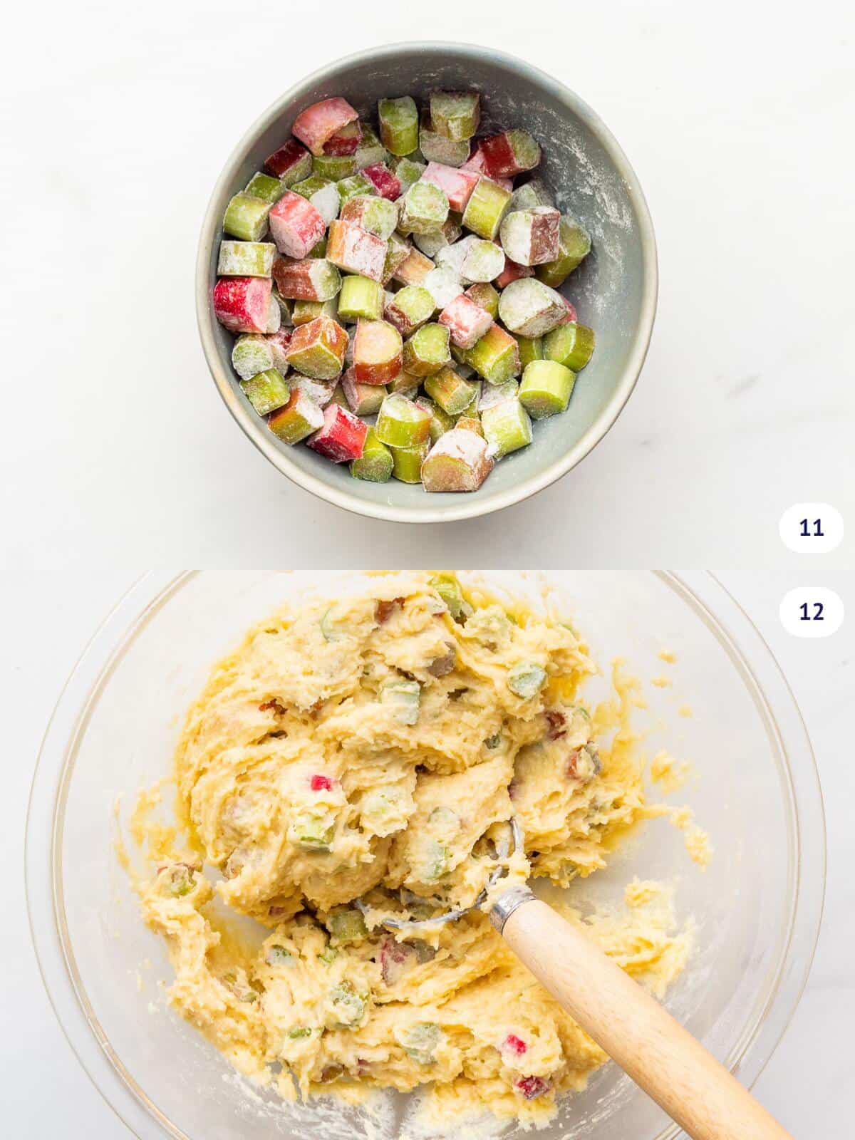 Coating pieces of rhubarb in flour to help anchor them in muffin batter to make rhubarb muffins.