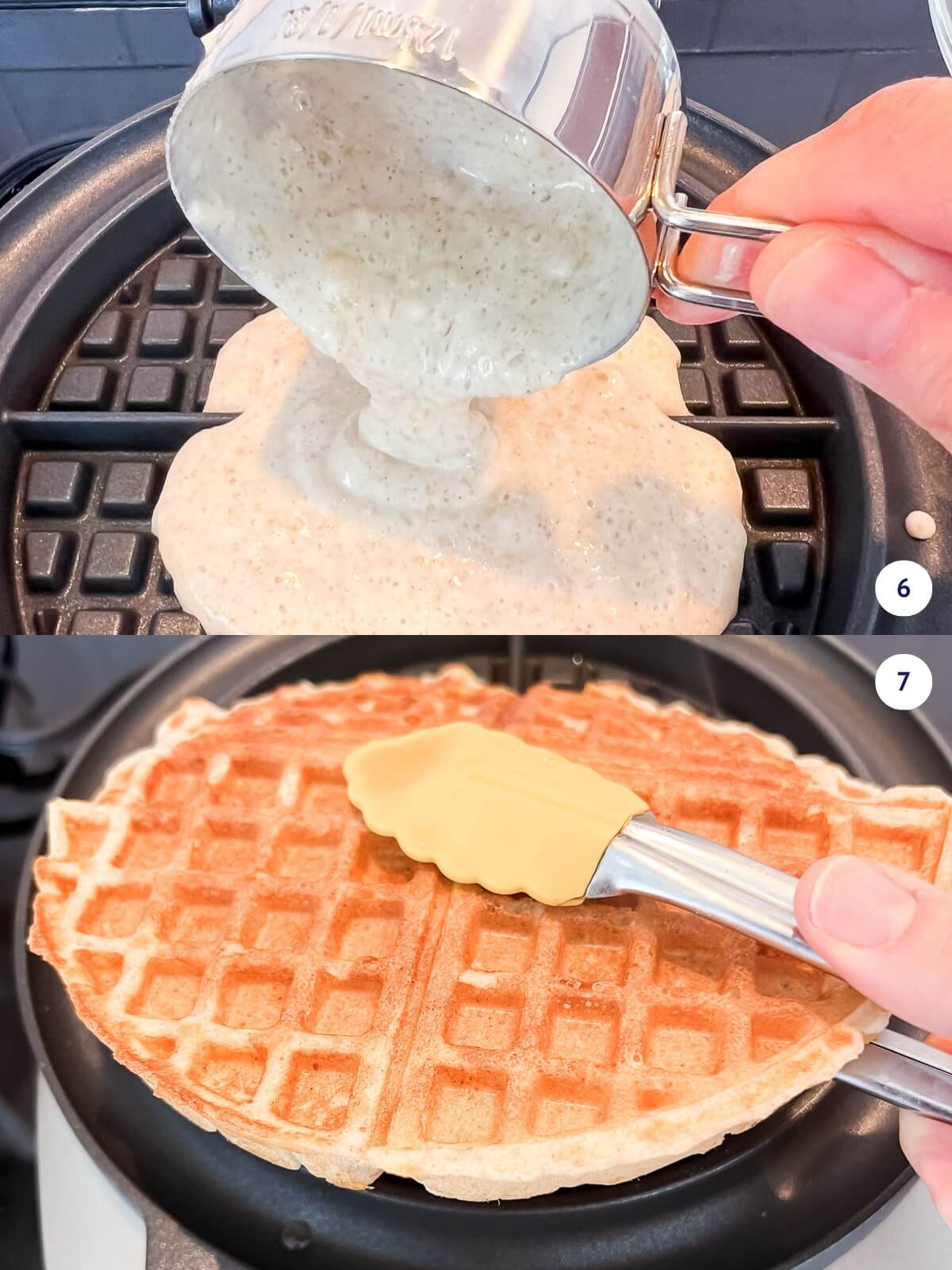 Cooking sourdough discard waffle batter on a waffle maker before using tongs to release the cooked waffle from the machine.