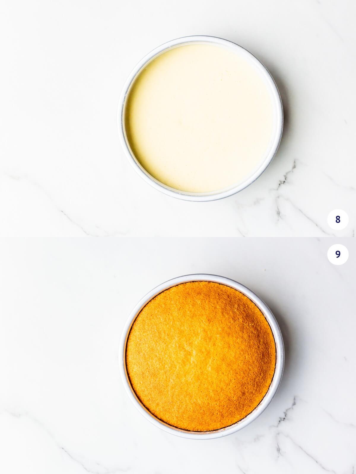 Hot milk sponge cake before and after baking in an 8-inch (20-cm) round pan with 3-inch (7.6 cm) sides.
