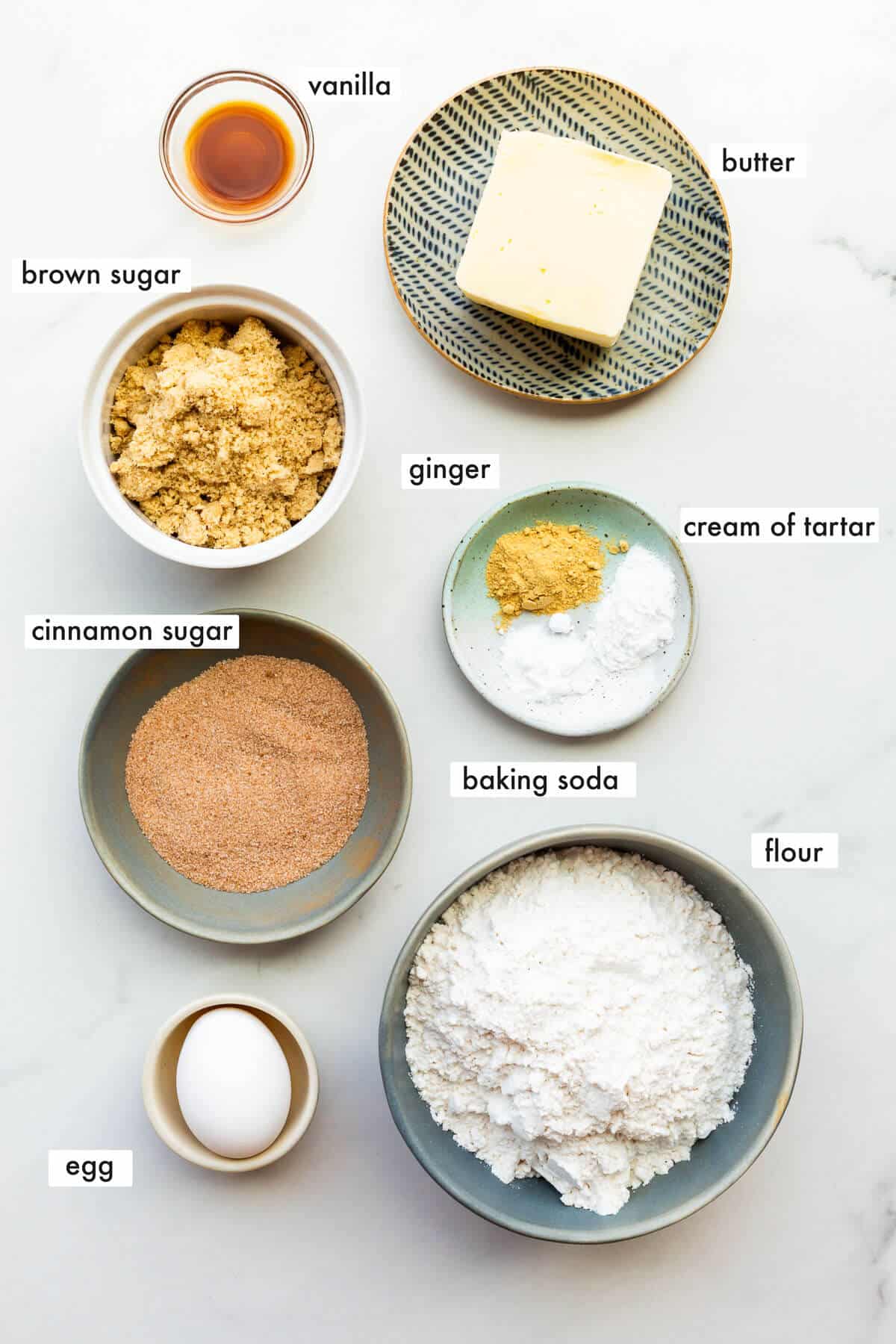 Ingredients to make snickerdoodles measured and ready for baking.