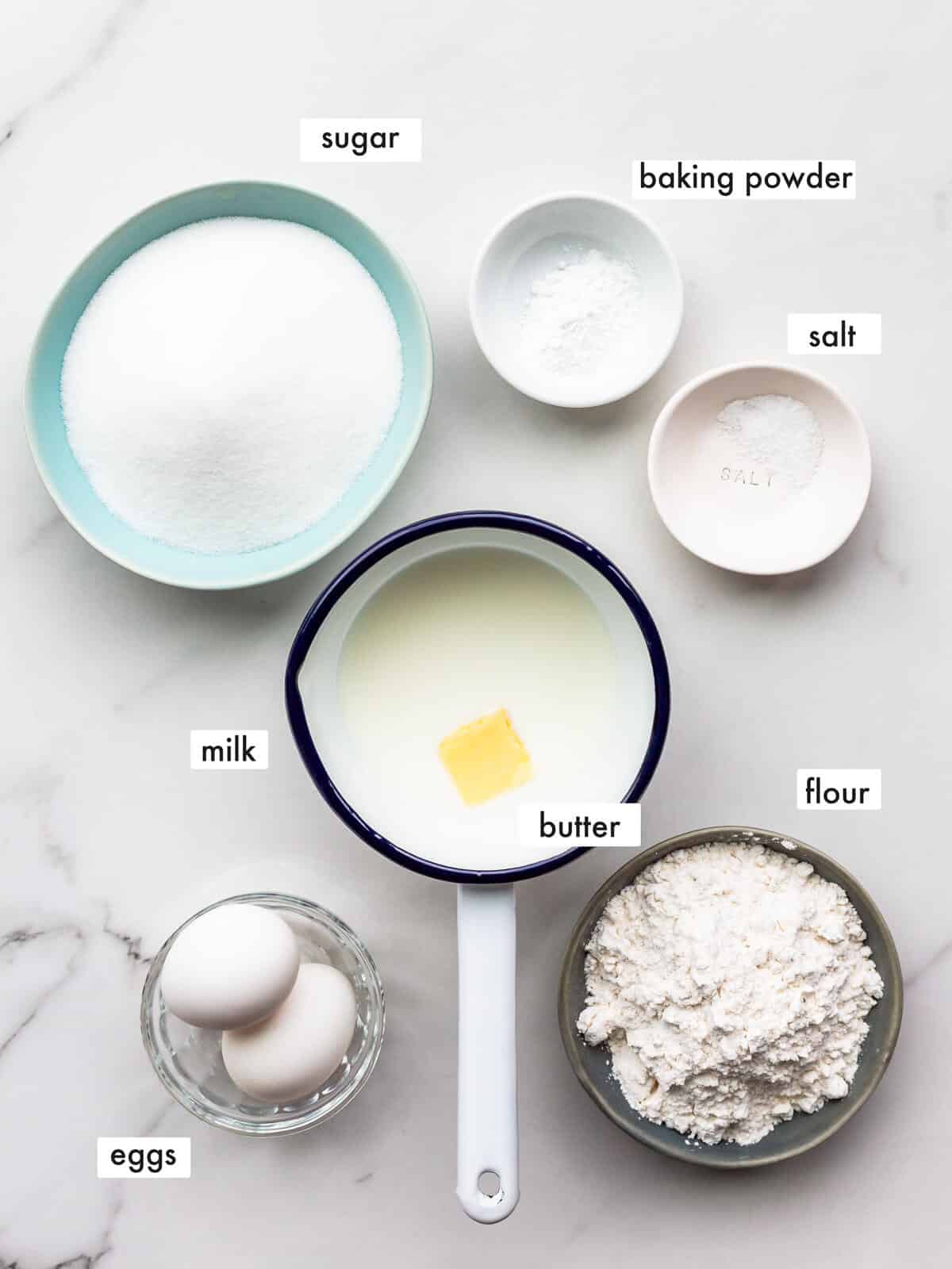 Ingredients to make a hot milk cake measured out and ready to be assembled.