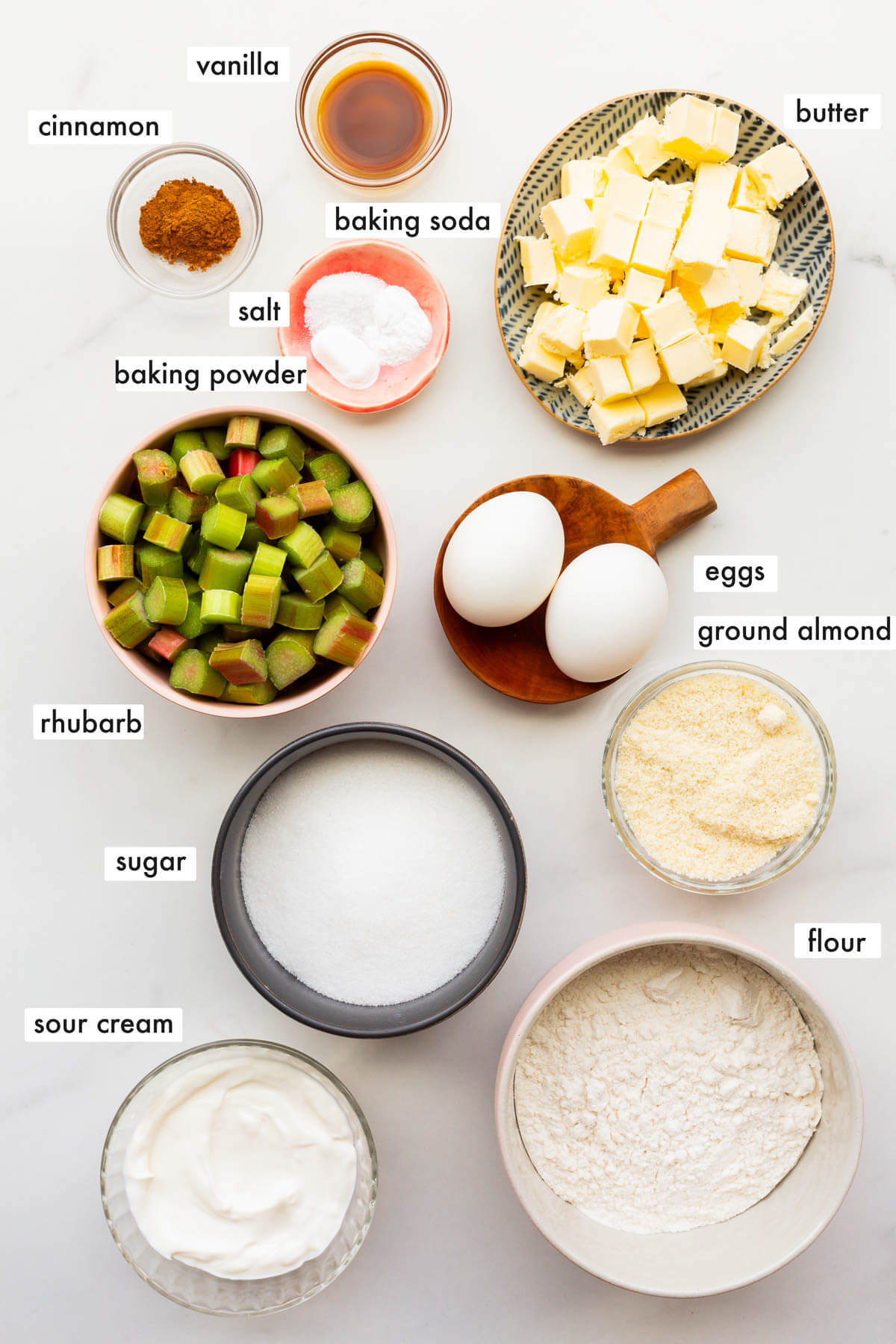 Ingredients measured out and ready to be mixed to make rhubarb sour cream muffins with streusel.