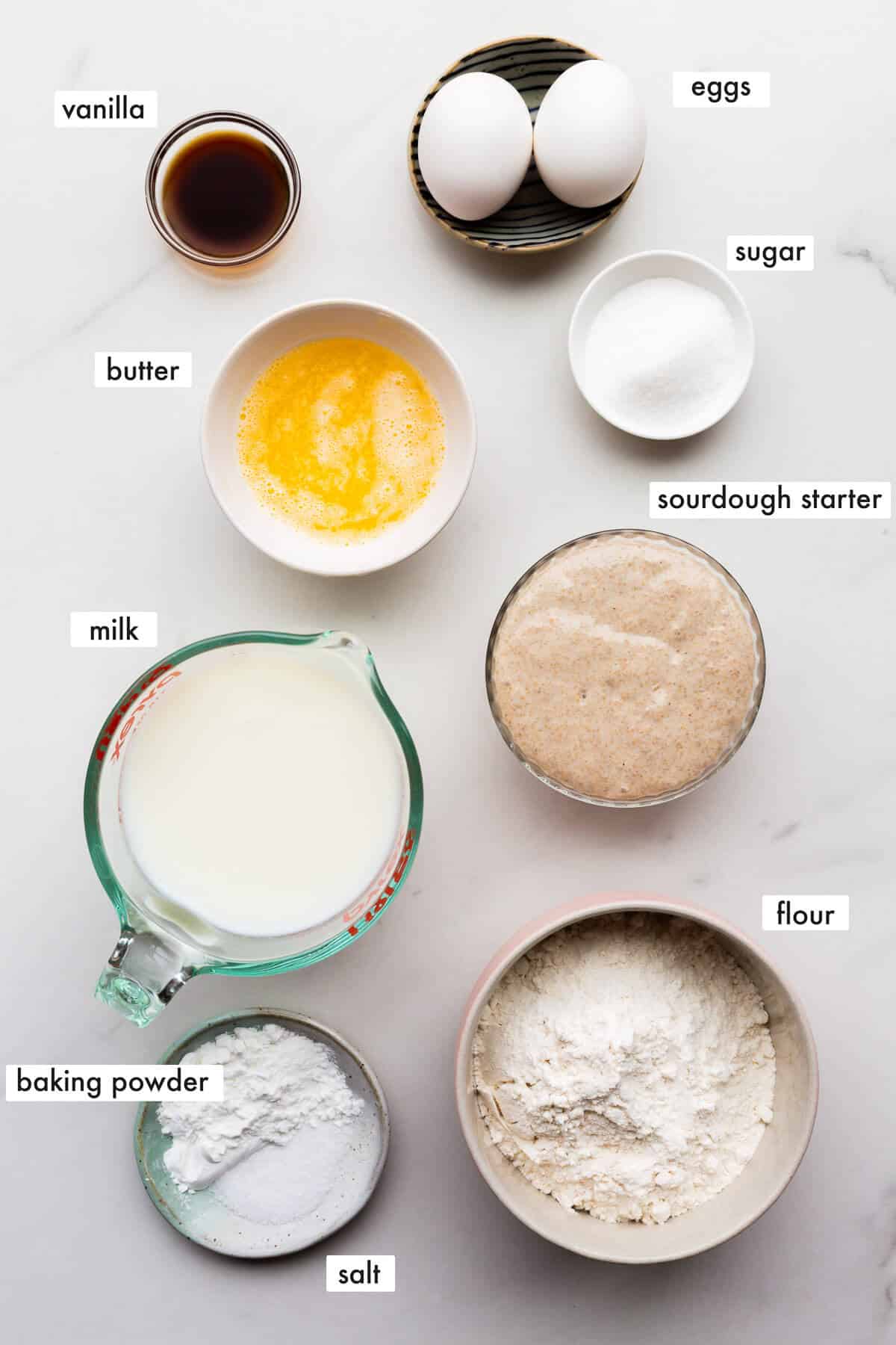 Ingredients to make homemade waffles with sourdough discard measured out and ready to be mixed.