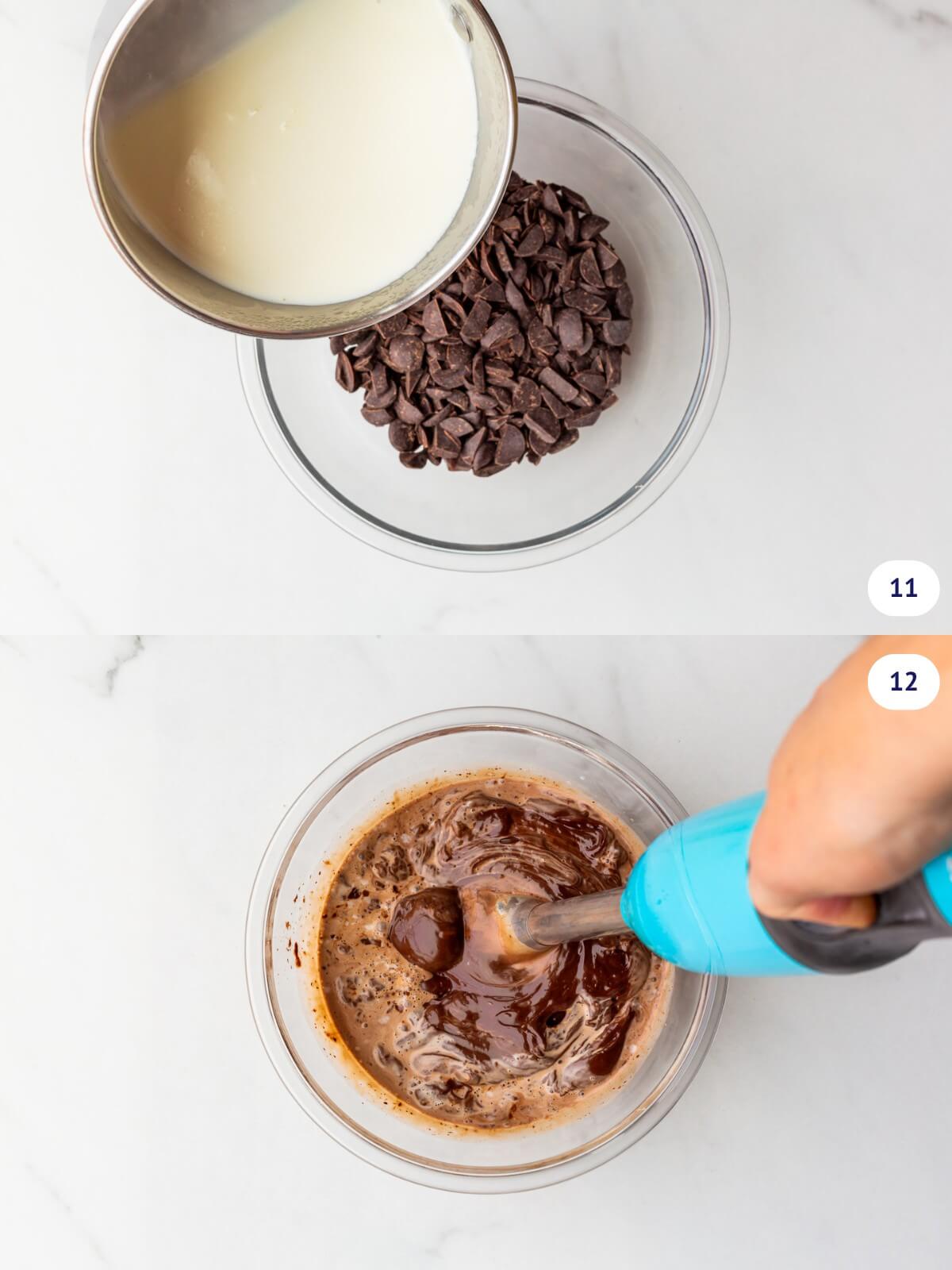 Making ganache from dark chocolate and hot cream, emulsifying it with a stick blender to ensure the chocolate is completely melted and the mixture perfectly smooth and emulsified.