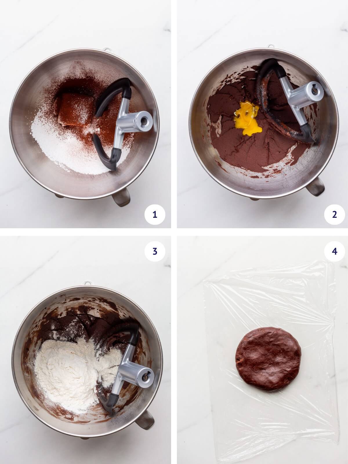 Making a chocolate dough to use as a tart crust by creaming butter, icing sugar and cocoa before adding in a yolk and flour to create a smooth chocolate dough.