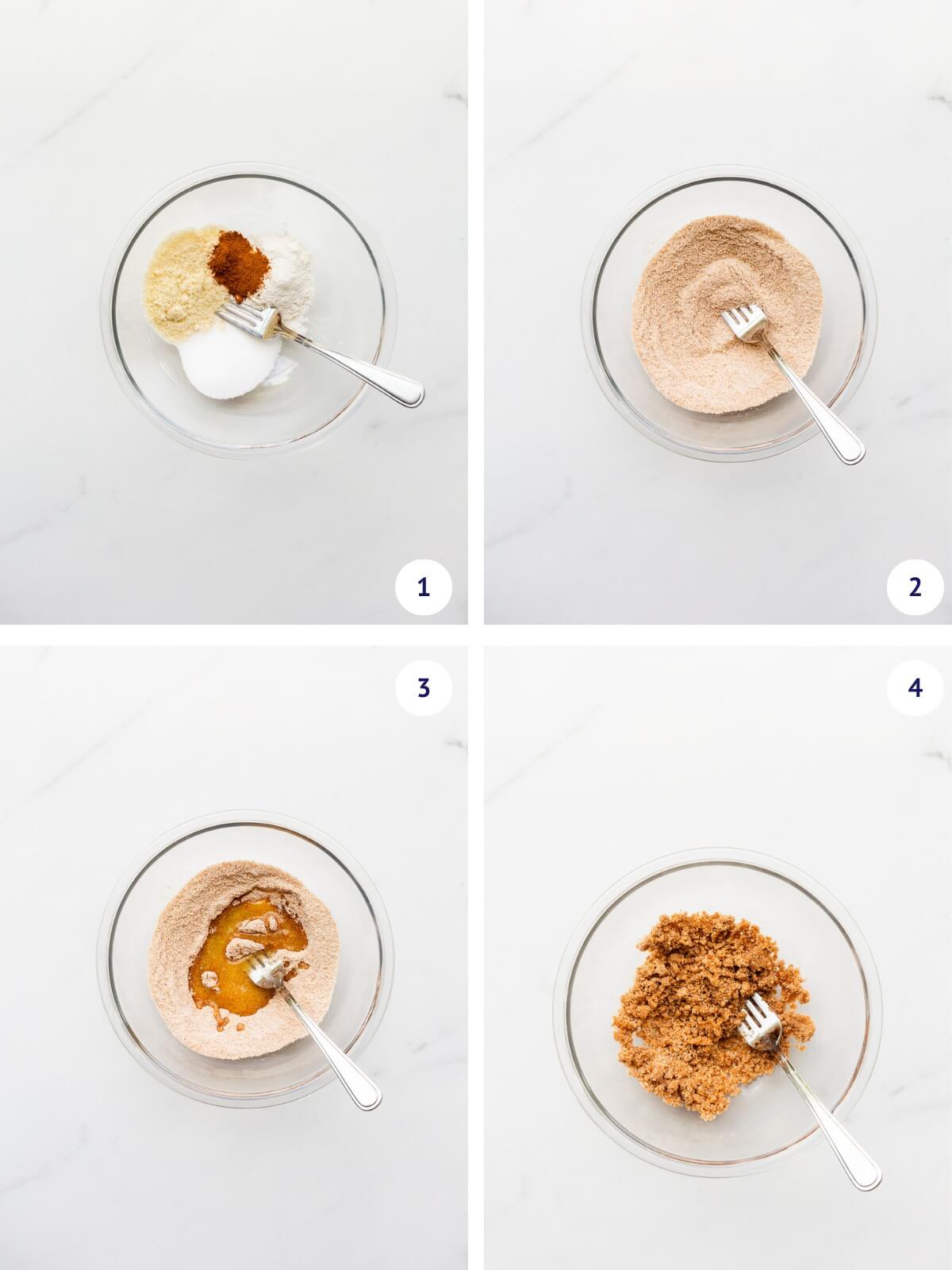 Mixing cinnamon streusel topping ingredients with a fork for rhubarb muffins.