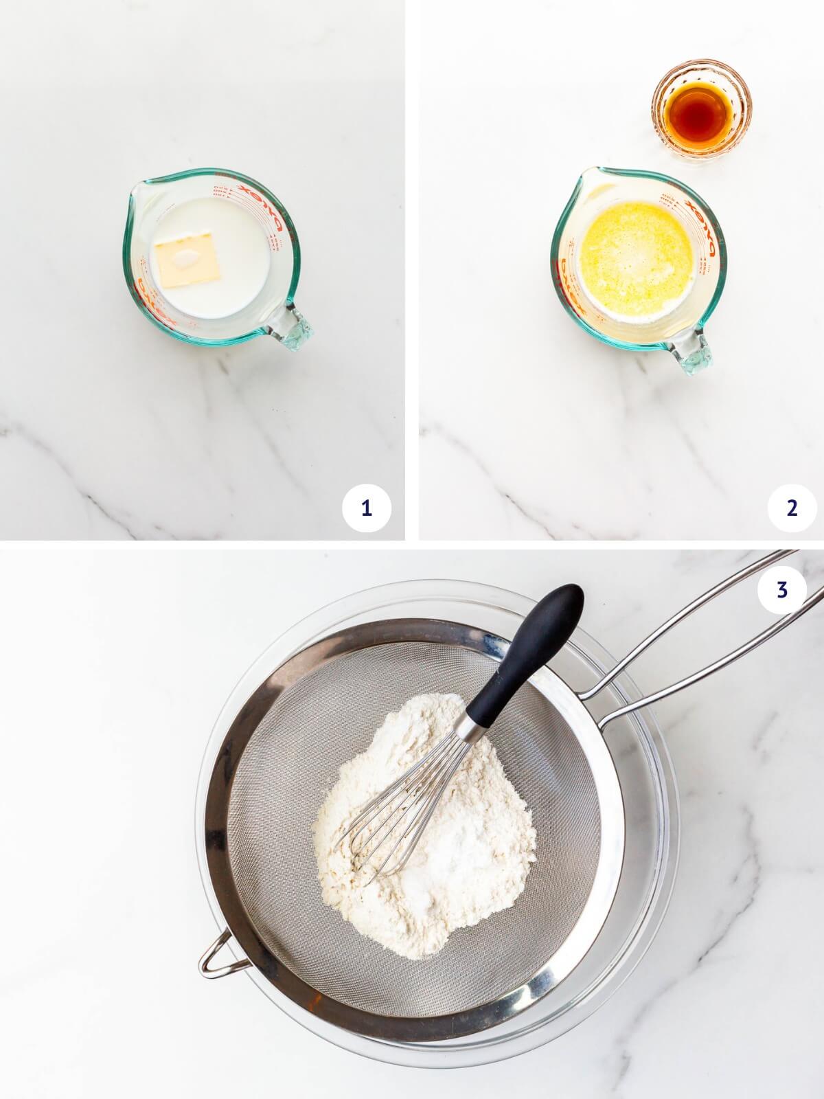 Heating milk with butter while whisking dry ingredients separtely to make a hot milk sponge cake.