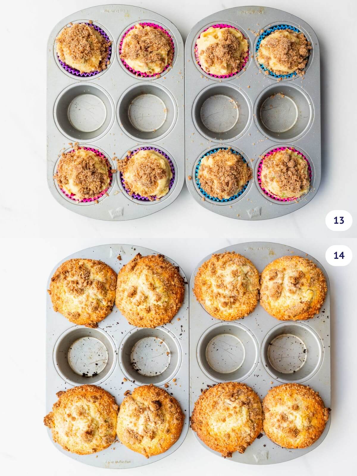 Rhubarb muffins with streusel topping before and after baking to show how the muffin tops are big and puffed.