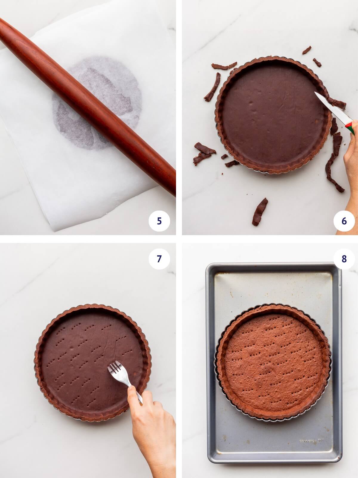 Rolling out chocolate tart dough and lining a tart pan with it before docking it with a fork and baking it on a sheet pan until completely baked.