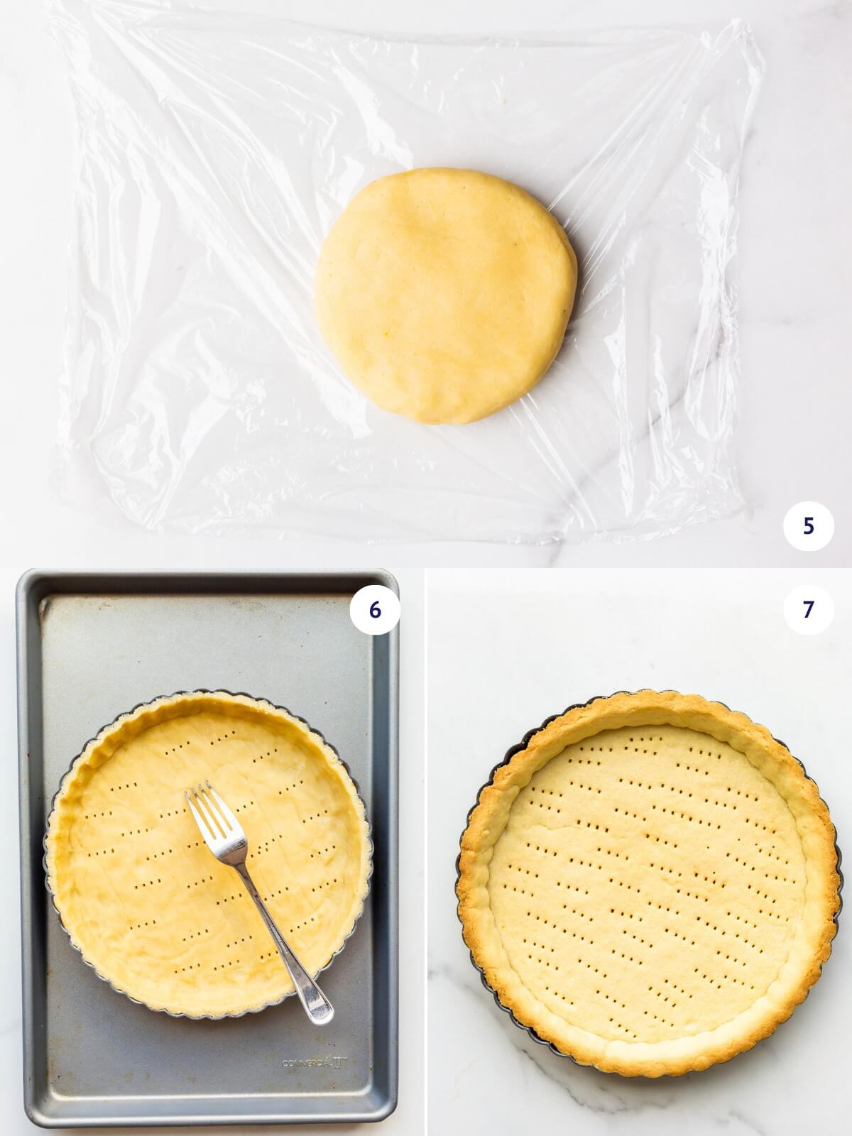 Docking a tart shell with a fork before baking it until the edges are golden brown.