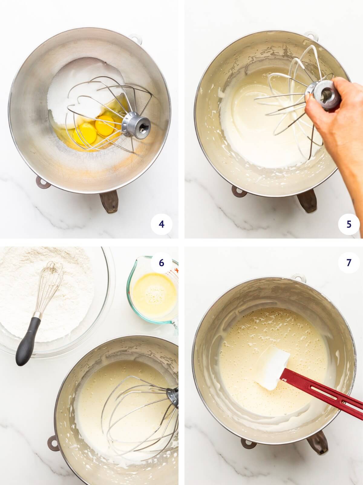 Whipping eggs and sugar together before folding in dry ingredients and hot milk to make a hot milk sponge cake in a stand mixer.