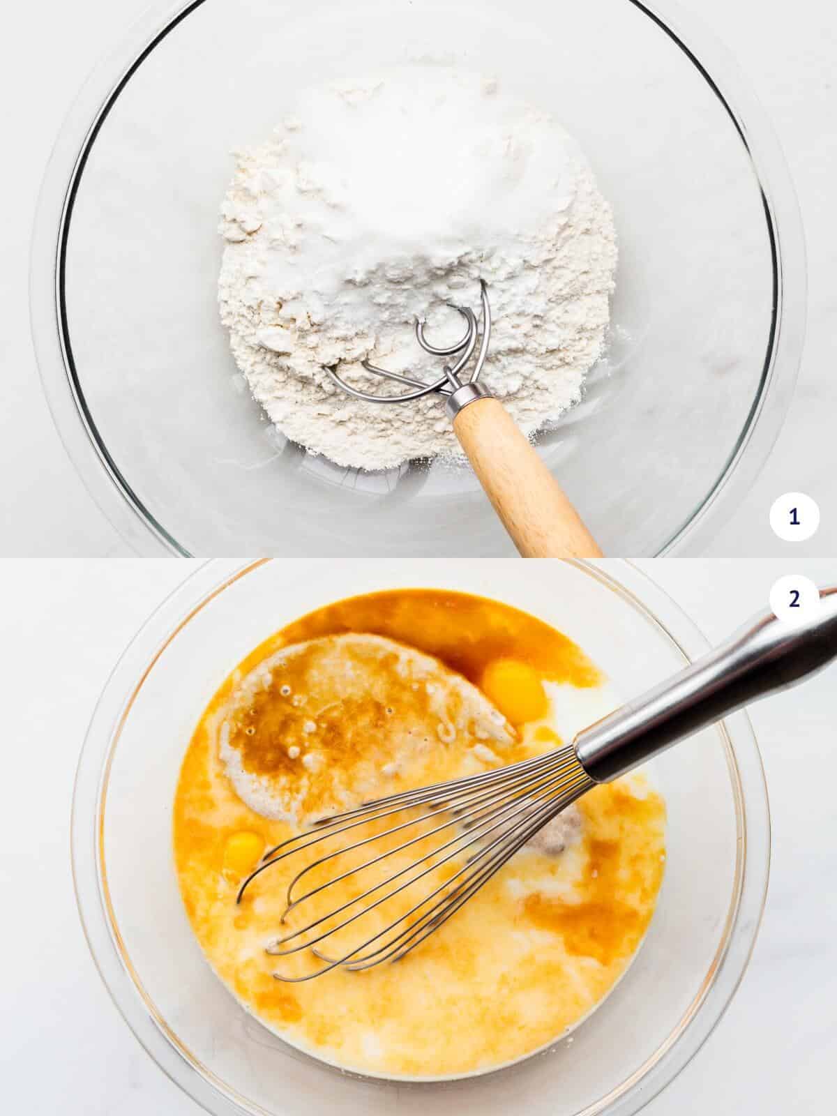 Whisking dry ingredients in a bowl separately from wet ingredients which are the two components we combine to make sourdough discard waffles.