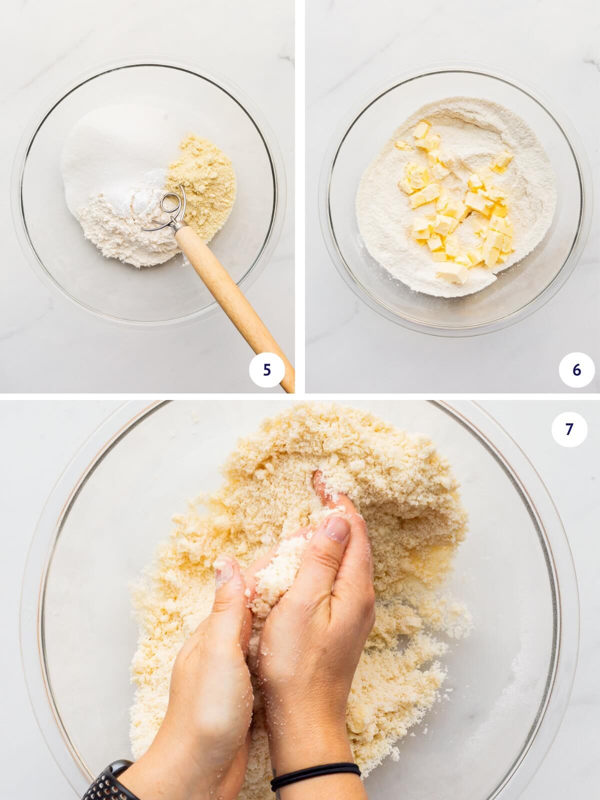 Working butter into dry ingredients by rubbing it into the dry ingredients between the palms of your hands.