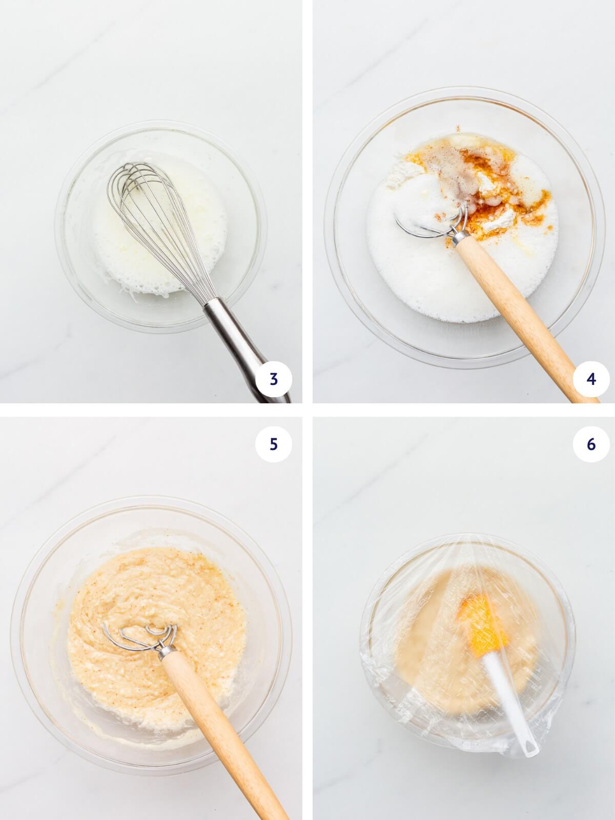 Steps to make batter for coconut financiers with frothy egg whites combined with dry ingredients, including coconut, and browned butter. The bowl of batter is covered to chill it in the fridge before baking later.