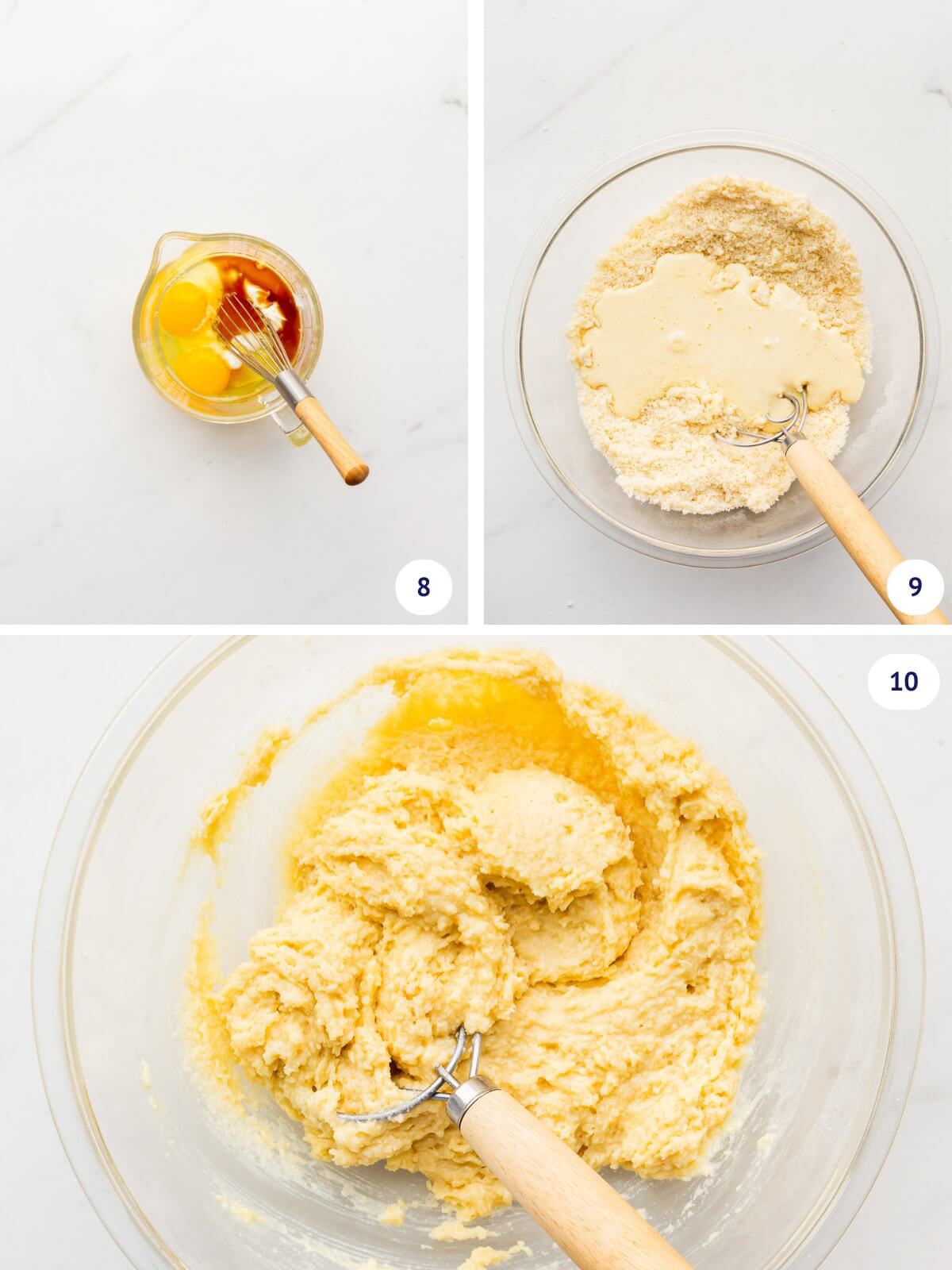 Mixing wet ingredients together before mixing with dry ingredients to make rhubarb muffins without a mixer.