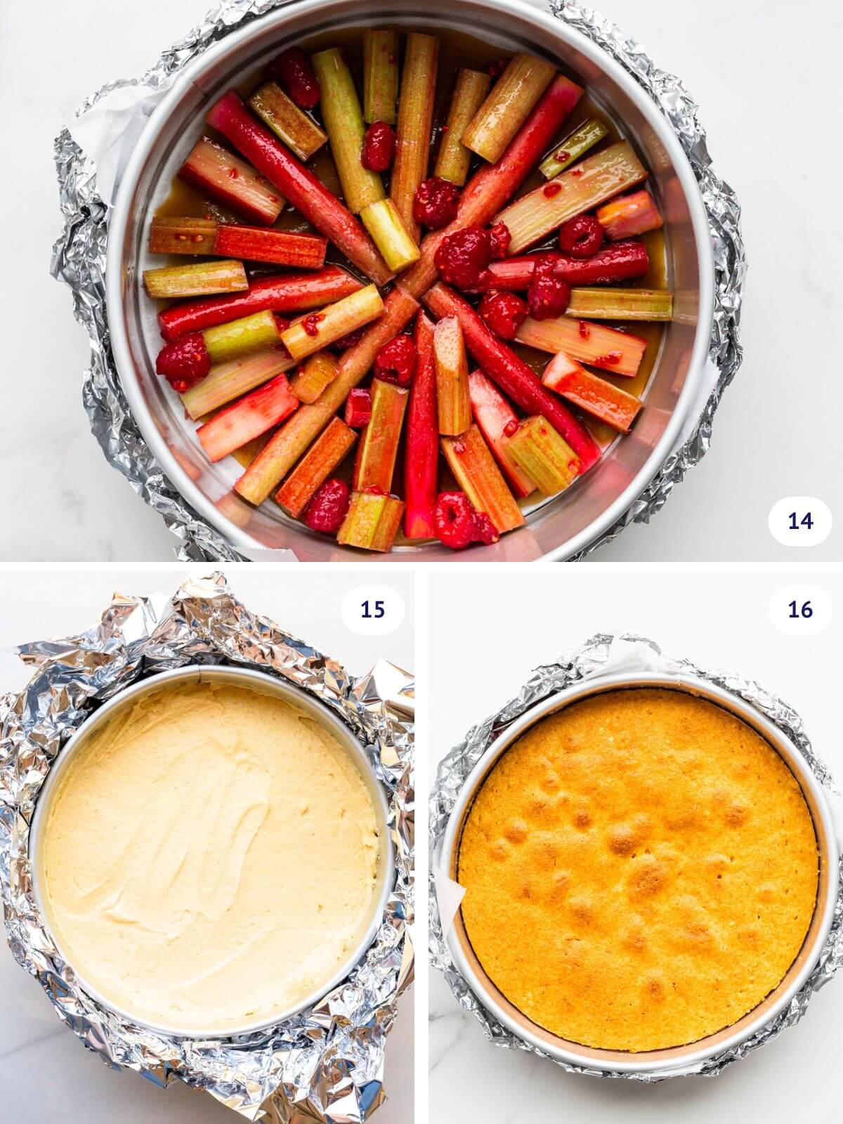 Arranging rhubarb before spreading vanilla cake batter on top and baking the rhubarb upside-down cake until golden brown and set on top.
