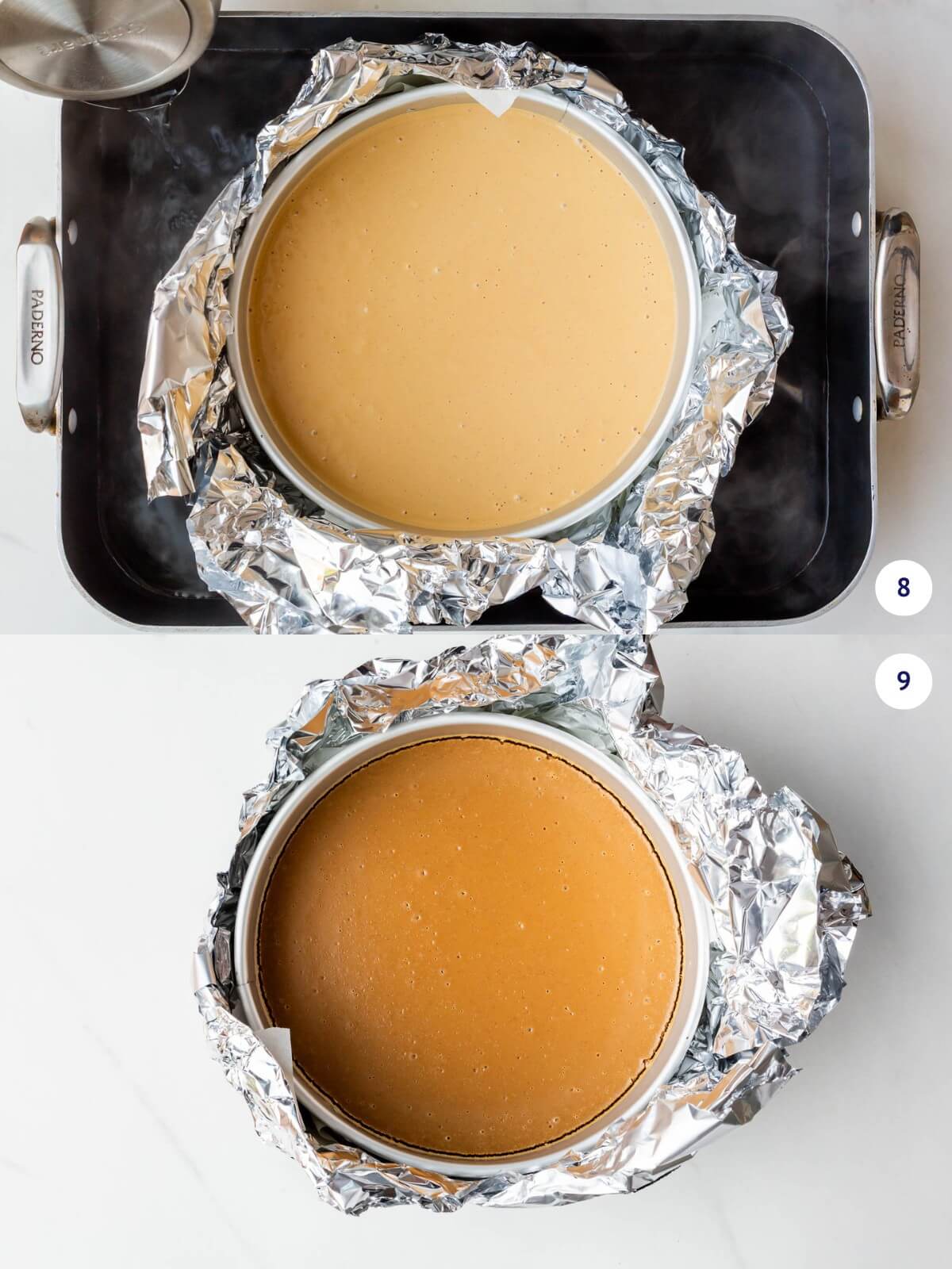 Coffee cheesecake set in a roasting pan being filled with boiling water before baking so that the cheesecake bakes flat and smooth with not cracks.
