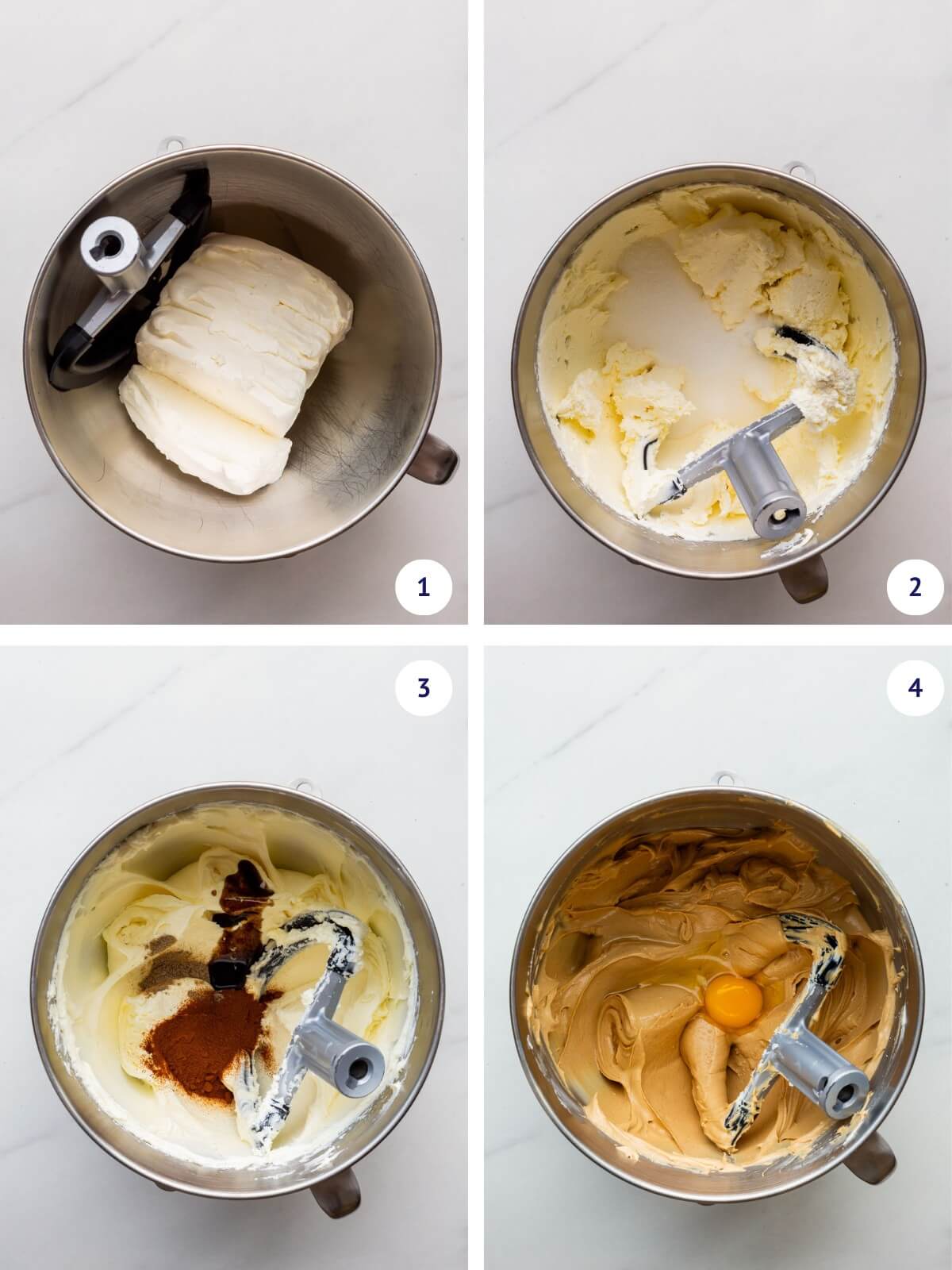 Start by combining the cream cheese in a stand mixer (image 1) and beating them together until soft and smooth before adding the granulated sugar (image 2), followed by the espresso powder, cardamom, and vanilla, and then the eggs one at a time to make a coffee-flavoured cheesecake filling.
