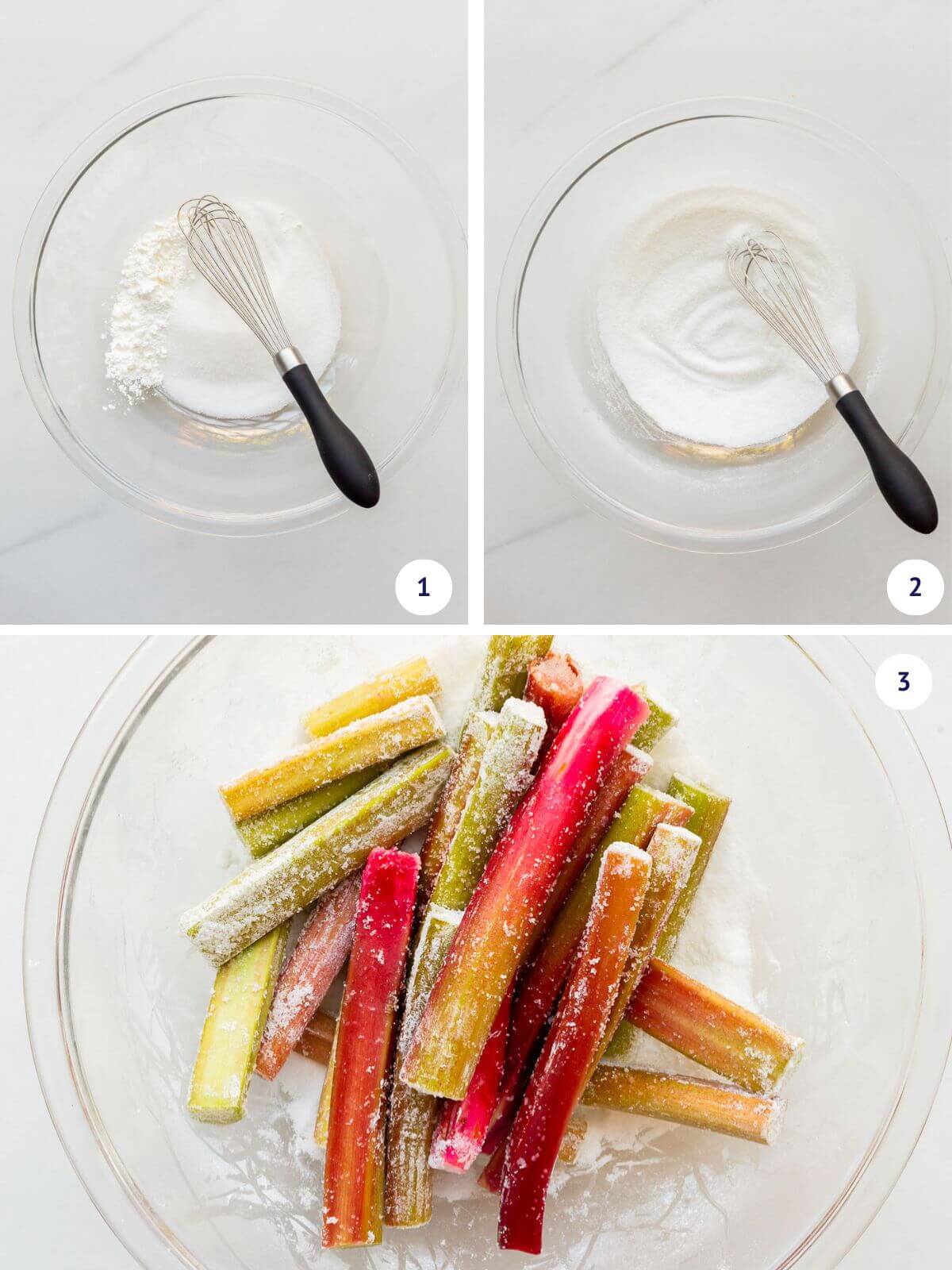 Mixing sugar and cornstarch together before adding the fruit to macerate to create a rhubarb upside-down cake with raspberries.