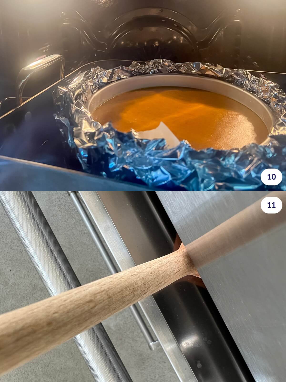 Pumpkin cheesecake after baking and cooling it in the oven by propping the oven door open with a wooden spoon