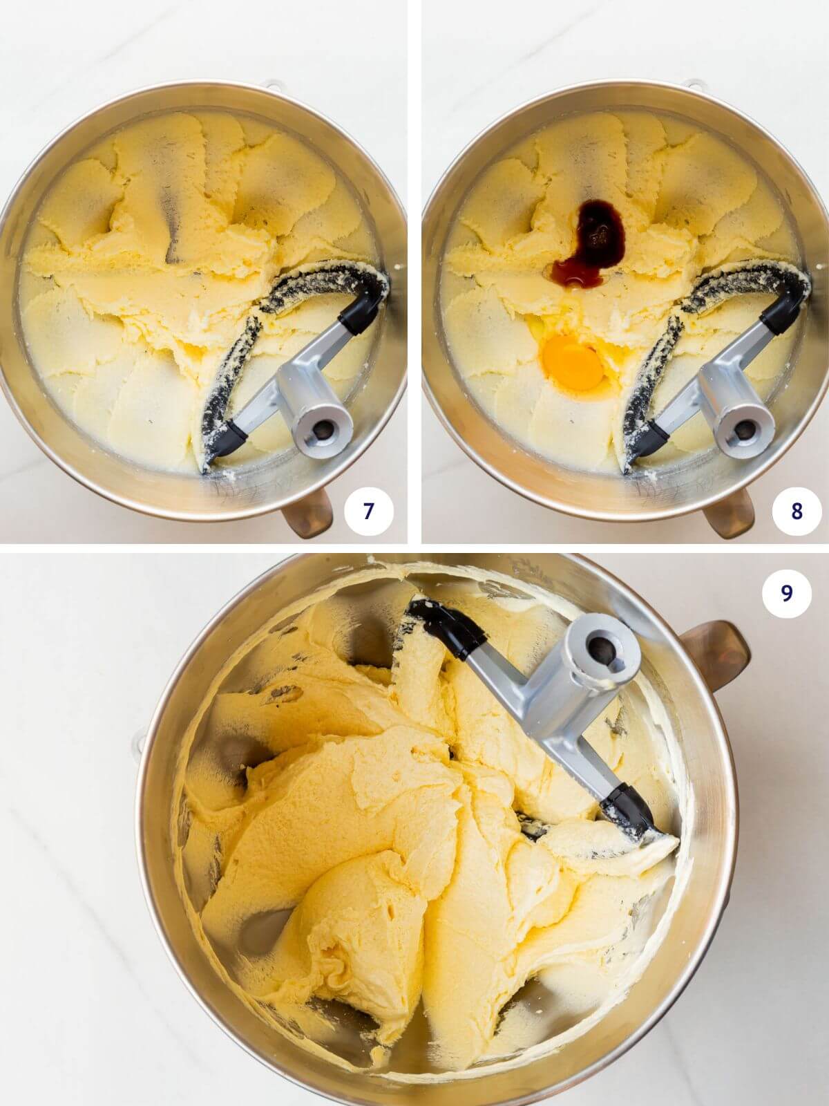 Creaming butter and sugar before adding eggs and vanilla to create a fluffy moist vanilla cake for a rhubarb upside-down cake with raspberries.