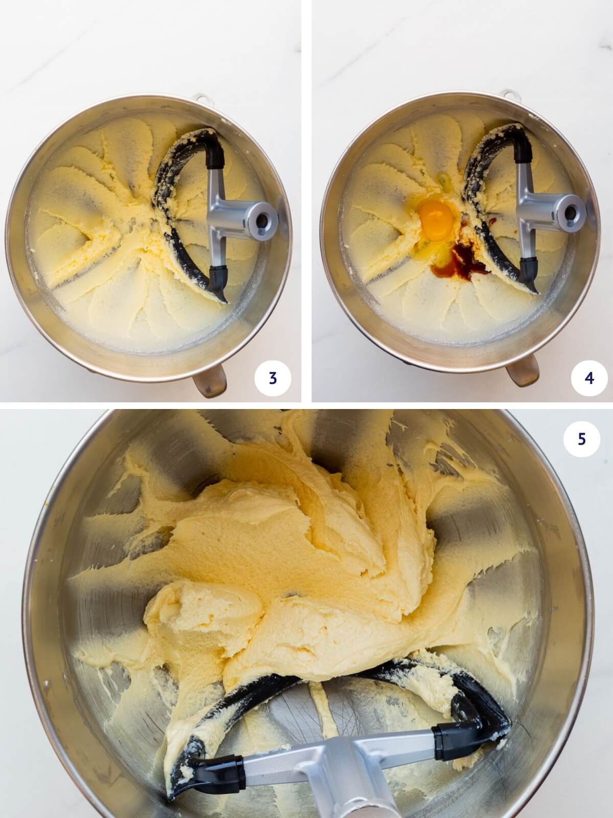 Creaming butter and sugar together until light before adding eggs and vanilla, one at a time, and whipping until fluffy.