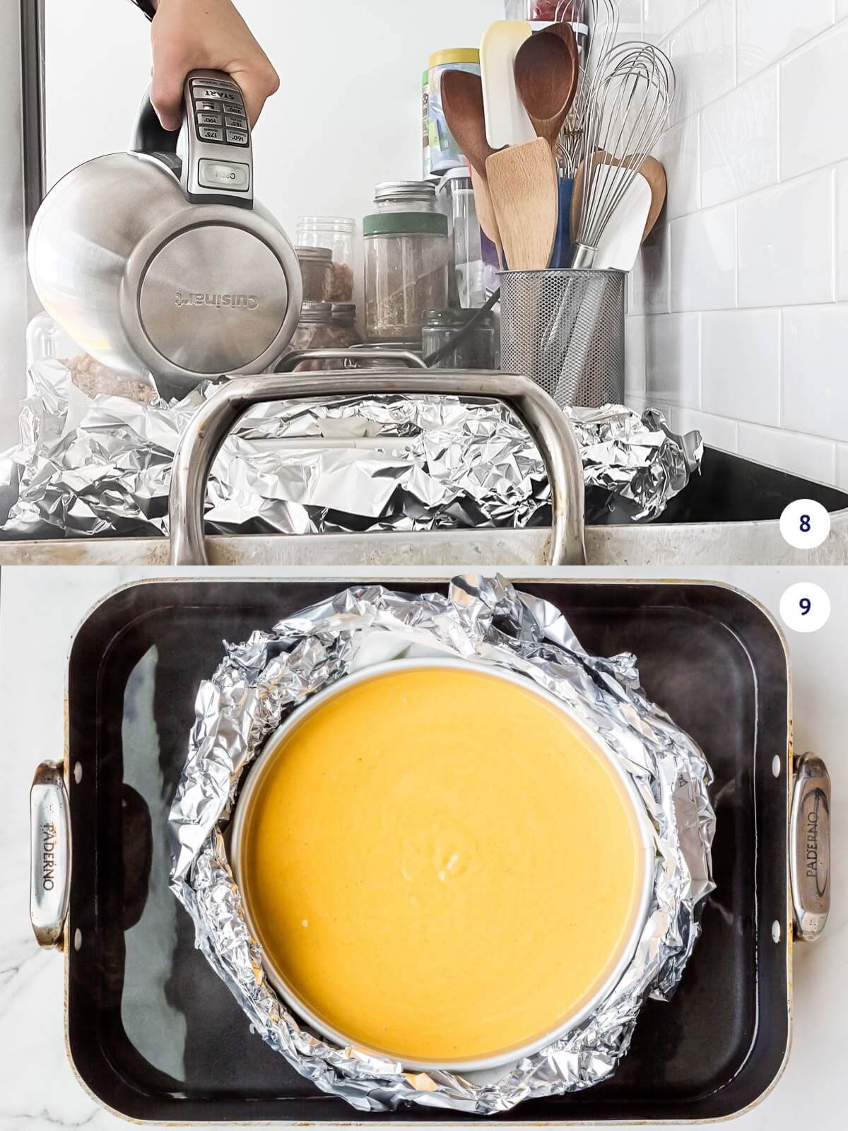 Creating a water bath to bake a pumpkin cheesecake by filling a roasting pan with boiling water and placing cheesecake inside. The cheesecake pan is wrapped in foil to prevent any water from leaking inside.