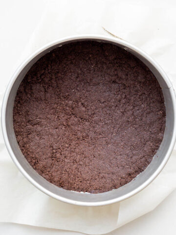 Oreo cookie crust baked in a springform pan for cheesecakes.