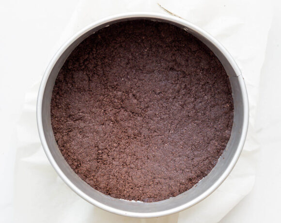 Oreo cookie crust baked in a springform pan for cheesecakes.