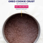 A baked Oreo cookie crust in a springform pan to make a cheesecake.
