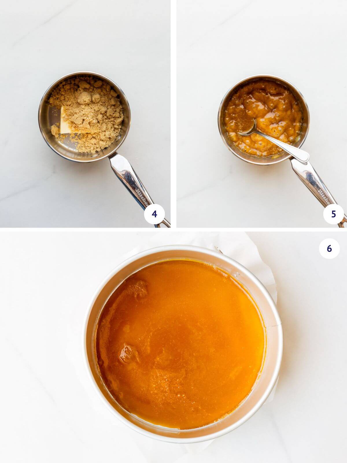 Making a quick caramel with brown sugar and butter for the fruit layer of a rhubarb upside-down cake.